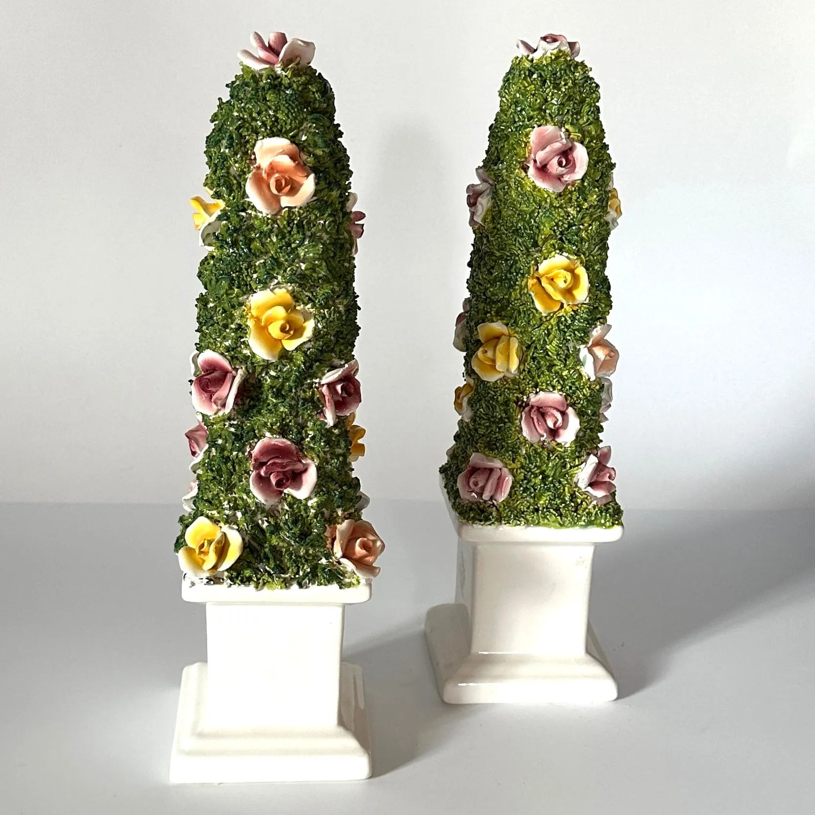 Vintage Italian Ceramic Floral Obelisk Topiaries, Set of 2