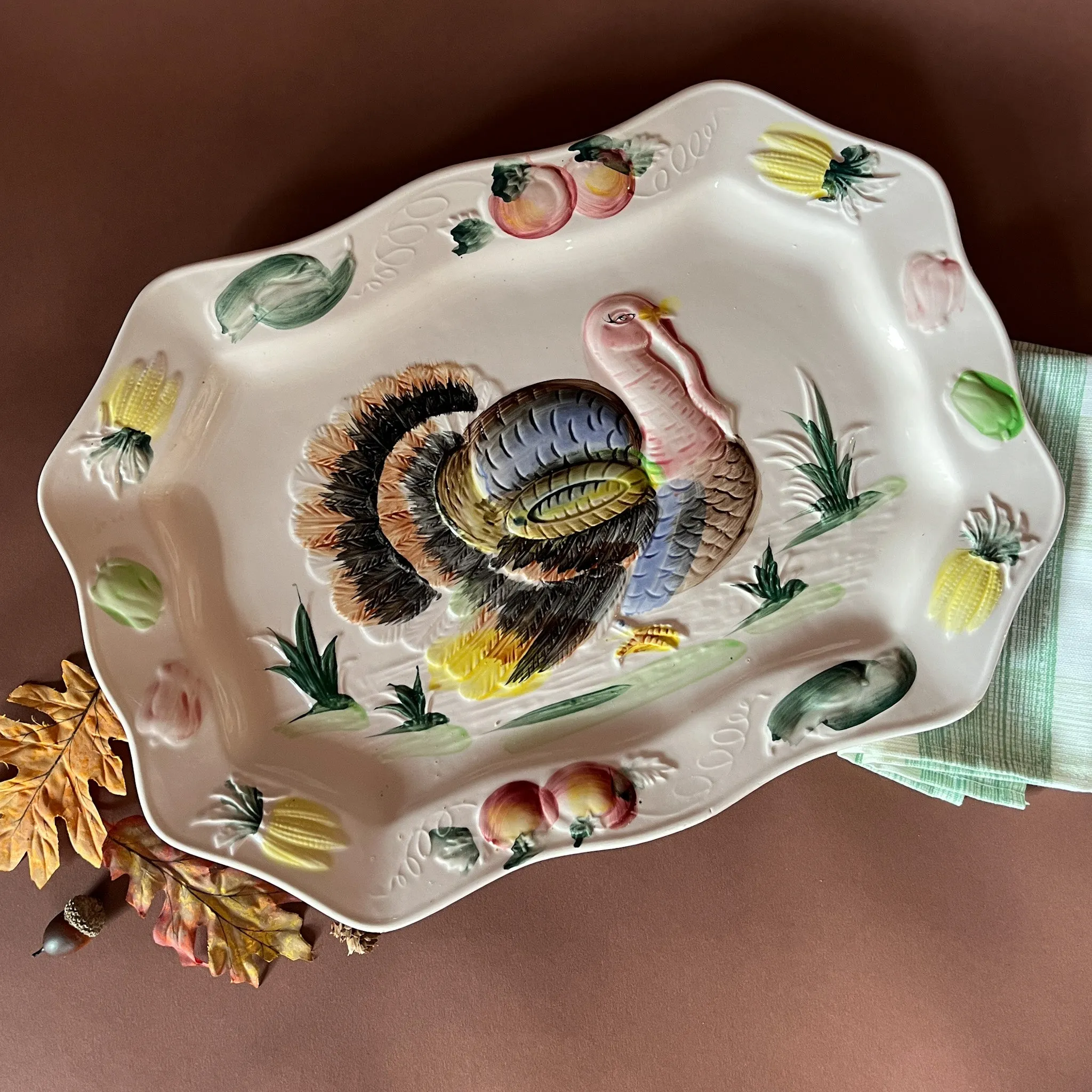 Vintage Oversized  Rectangular Ceramic Turkey/Vegetables Serving Platter