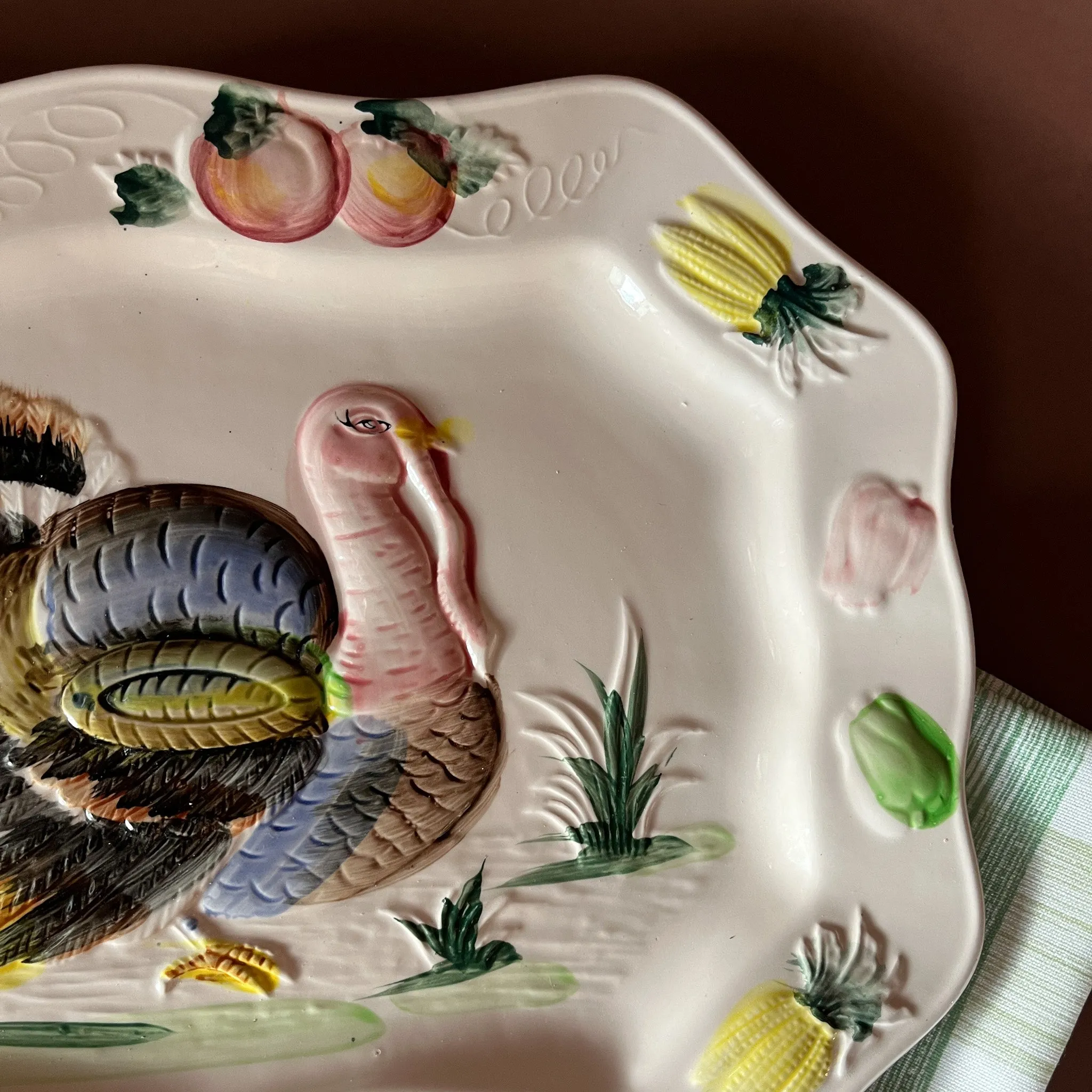 Vintage Oversized  Rectangular Ceramic Turkey/Vegetables Serving Platter