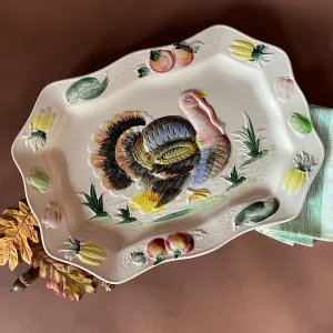 Vintage Oversized  Rectangular Ceramic Turkey/Vegetables Serving Platter