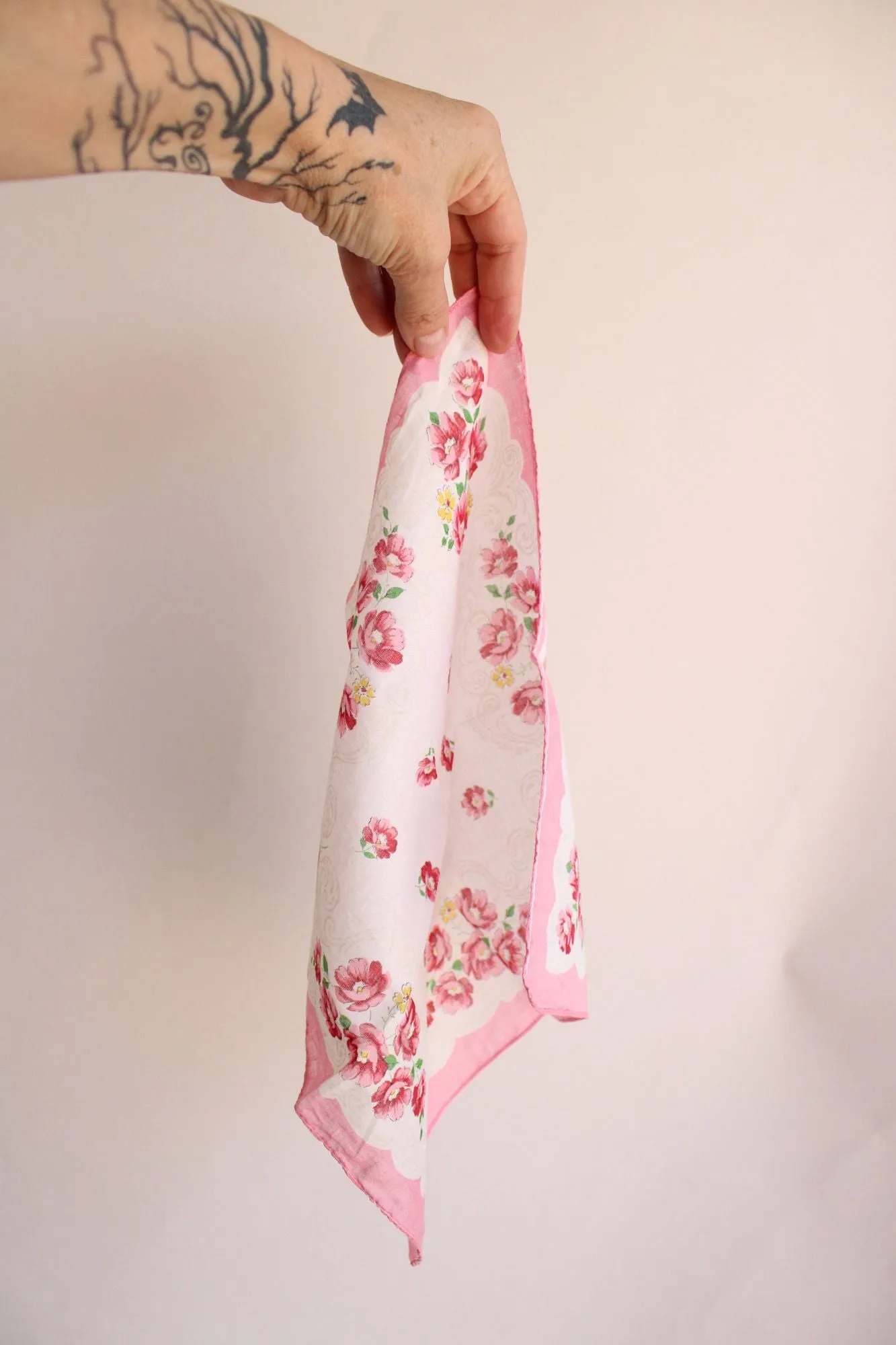 Vintage Pink and White Flower Print Cotton Handkerchief