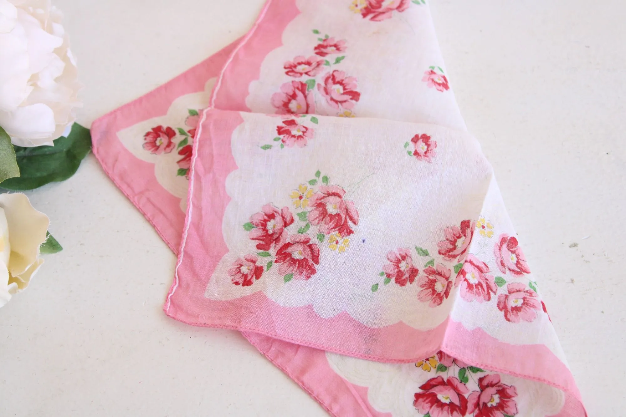 Vintage Pink and White Flower Print Cotton Handkerchief