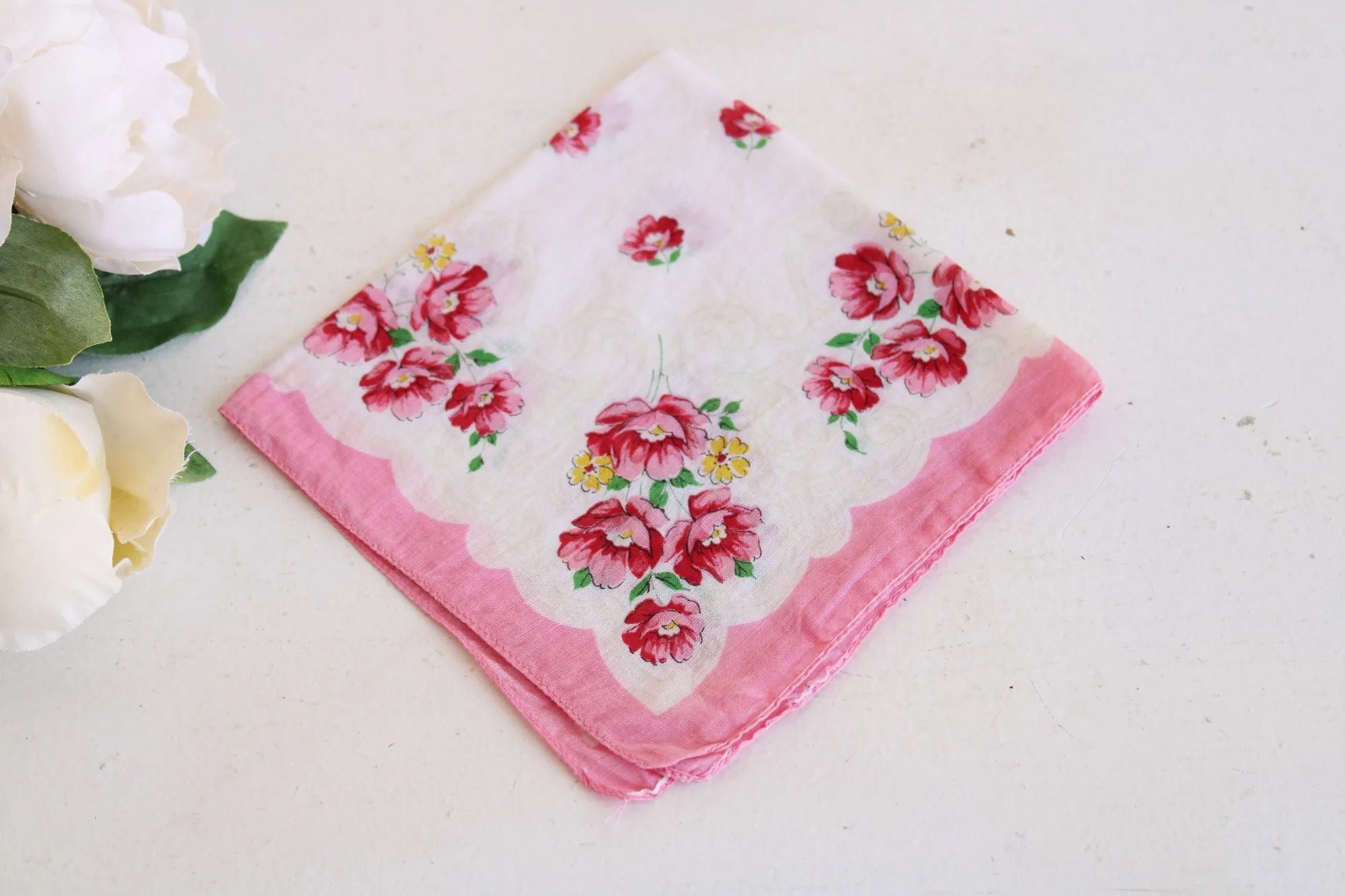 Vintage Pink and White Flower Print Cotton Handkerchief
