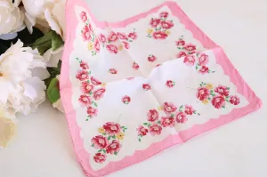 Vintage Pink and White Flower Print Cotton Handkerchief