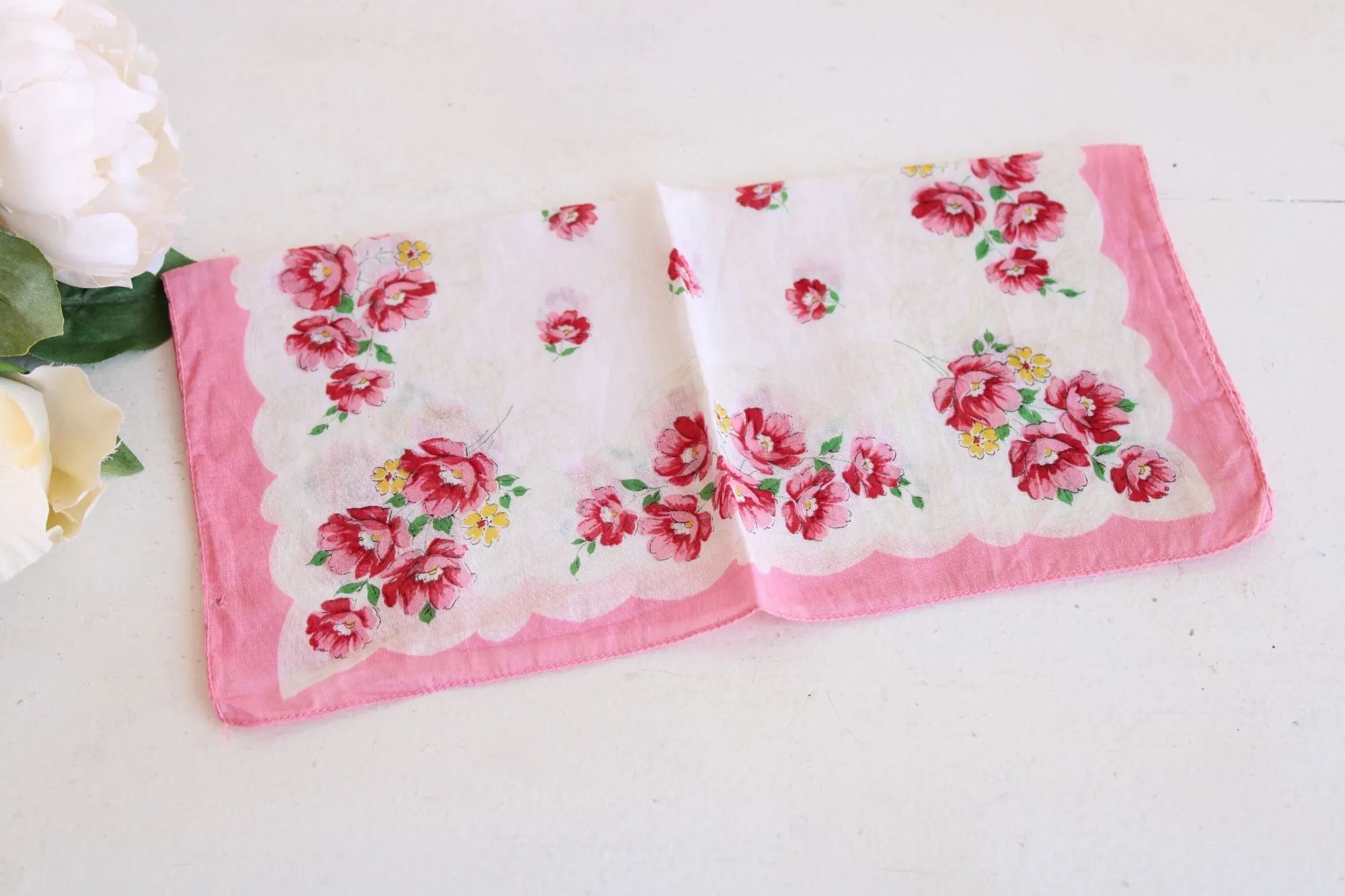 Vintage Pink and White Flower Print Cotton Handkerchief