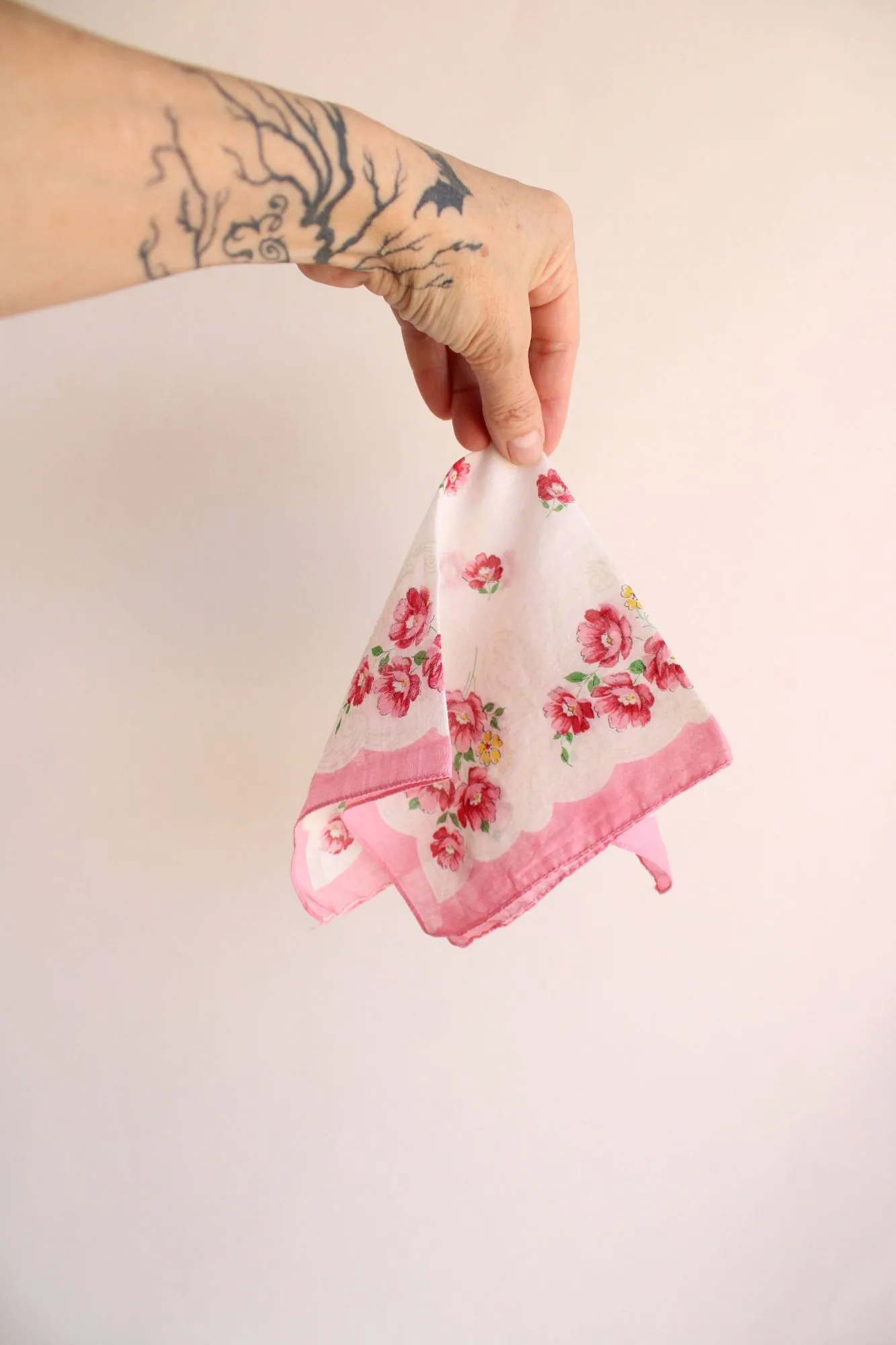 Vintage Pink and White Flower Print Cotton Handkerchief