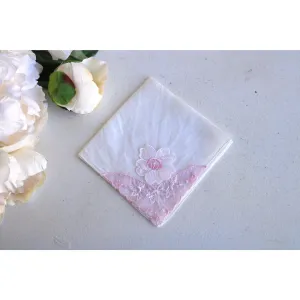 Vintage Pink Flower  White Linen Handkerchief