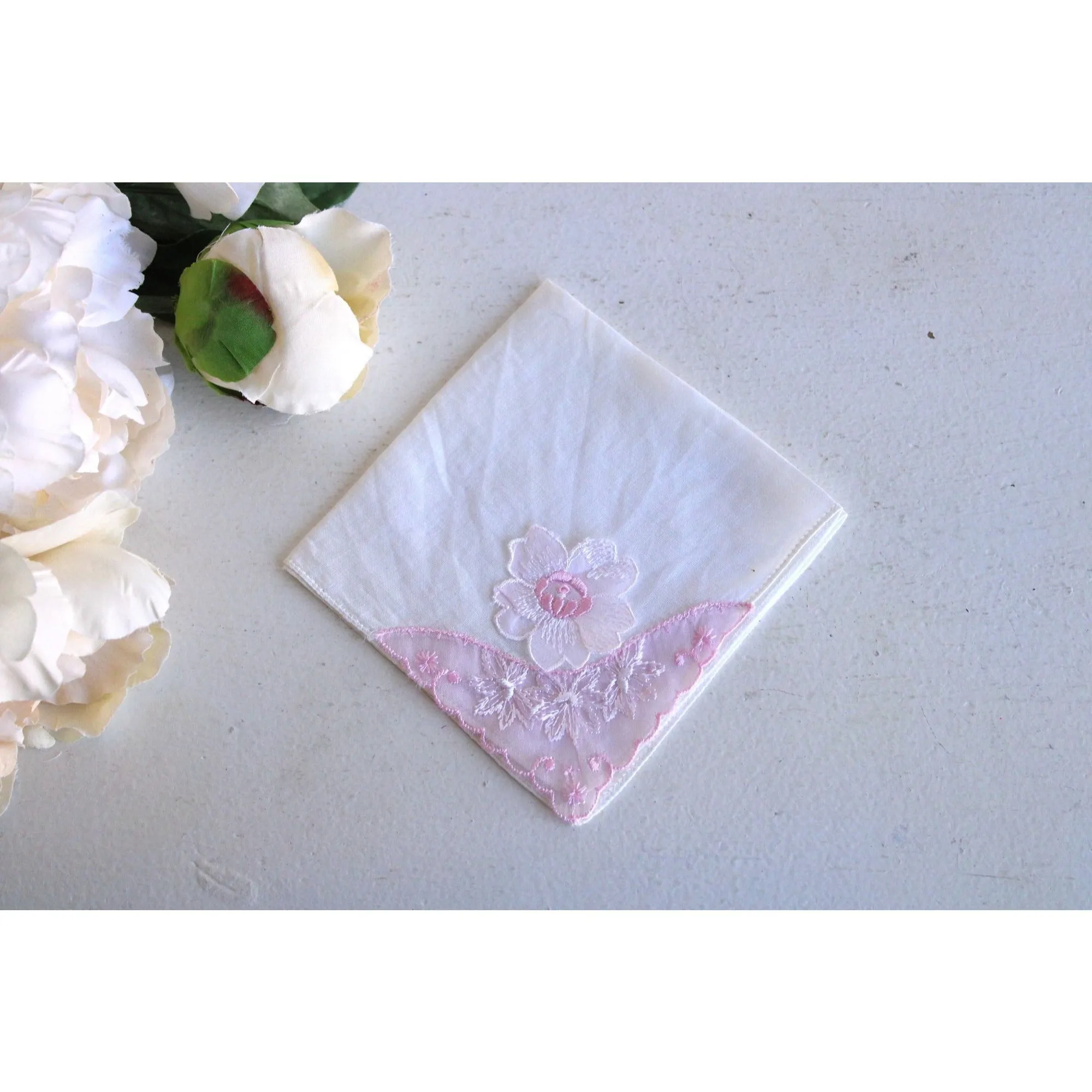 Vintage Pink Flower  White Linen Handkerchief