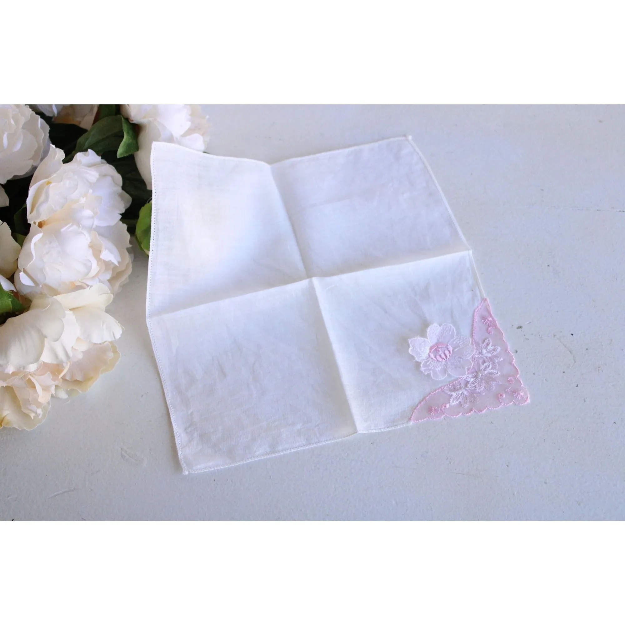 Vintage Pink Flower  White Linen Handkerchief
