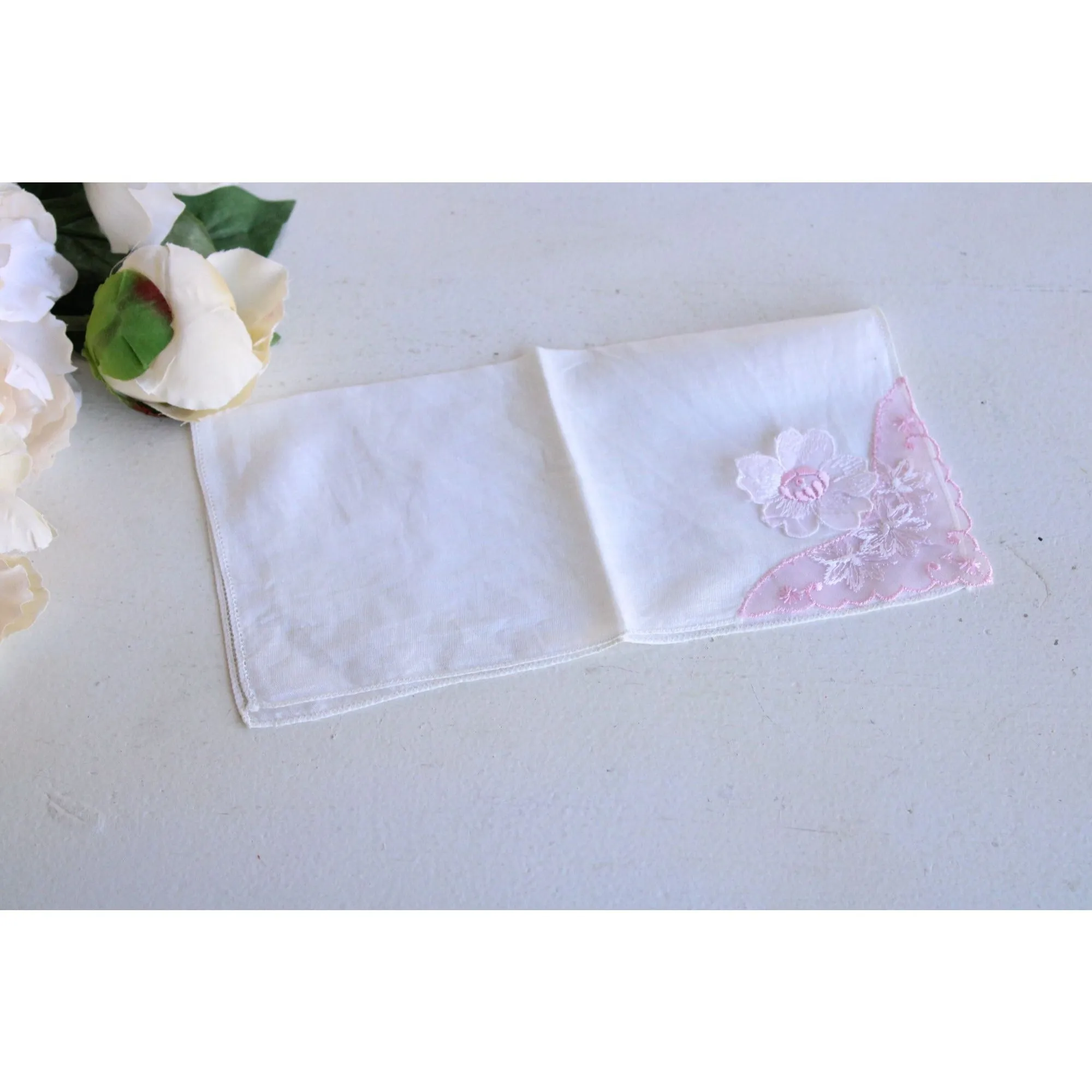 Vintage Pink Flower  White Linen Handkerchief