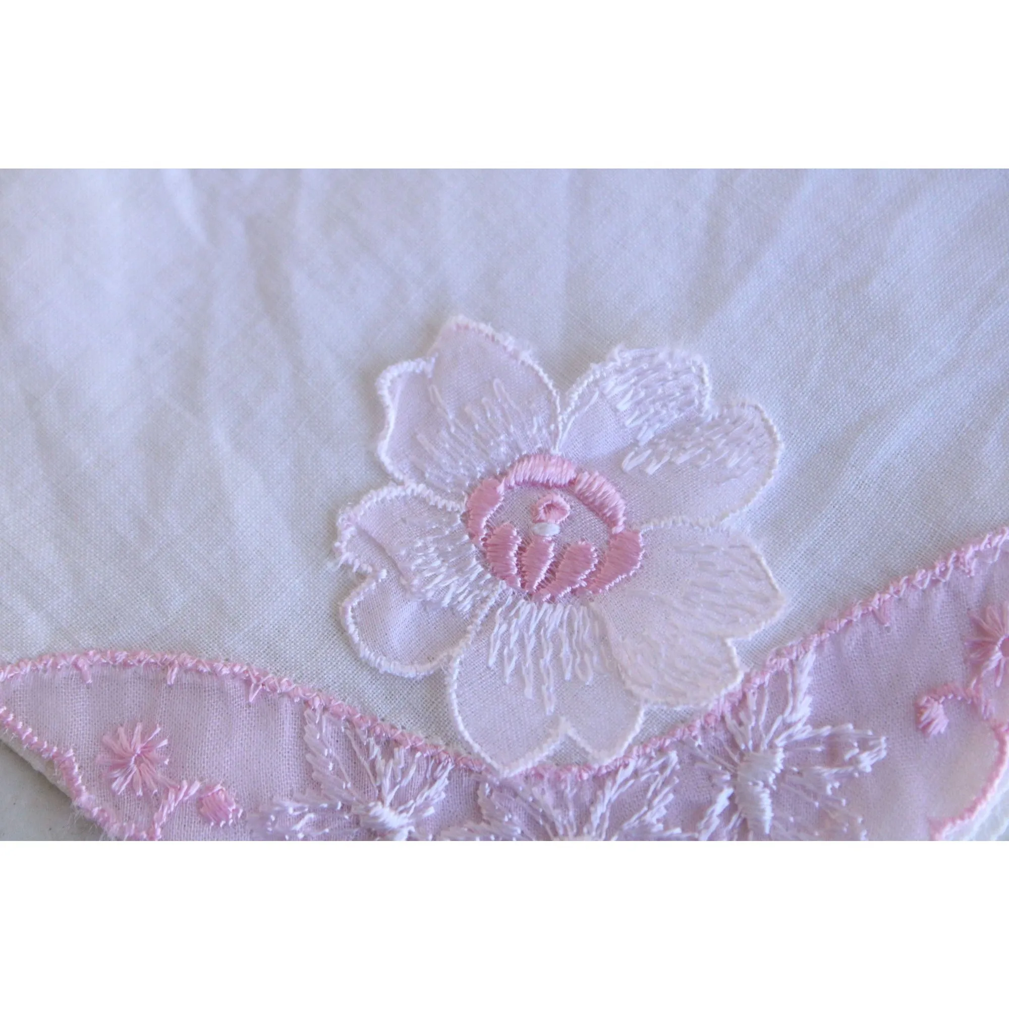 Vintage Pink Flower  White Linen Handkerchief