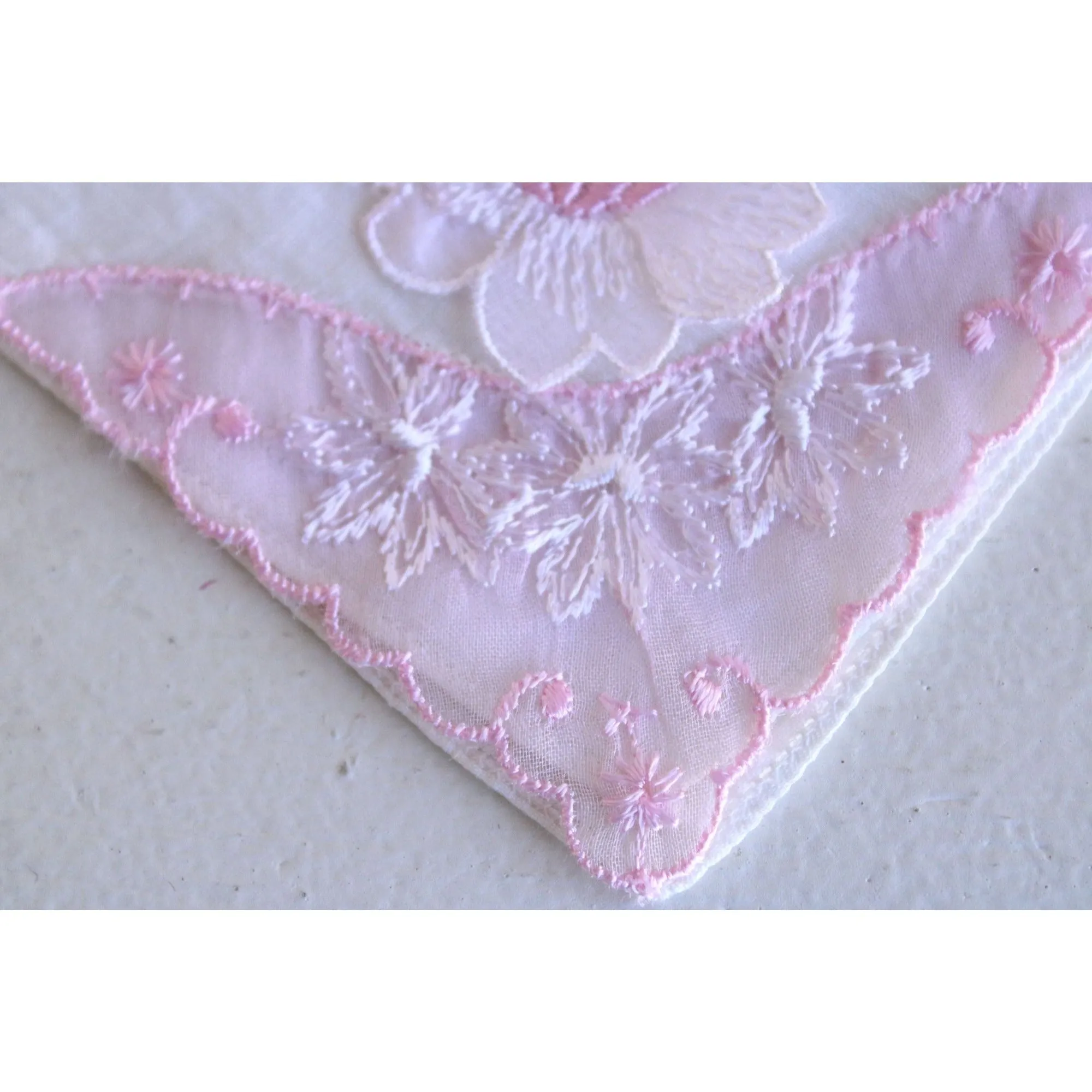 Vintage Pink Flower  White Linen Handkerchief