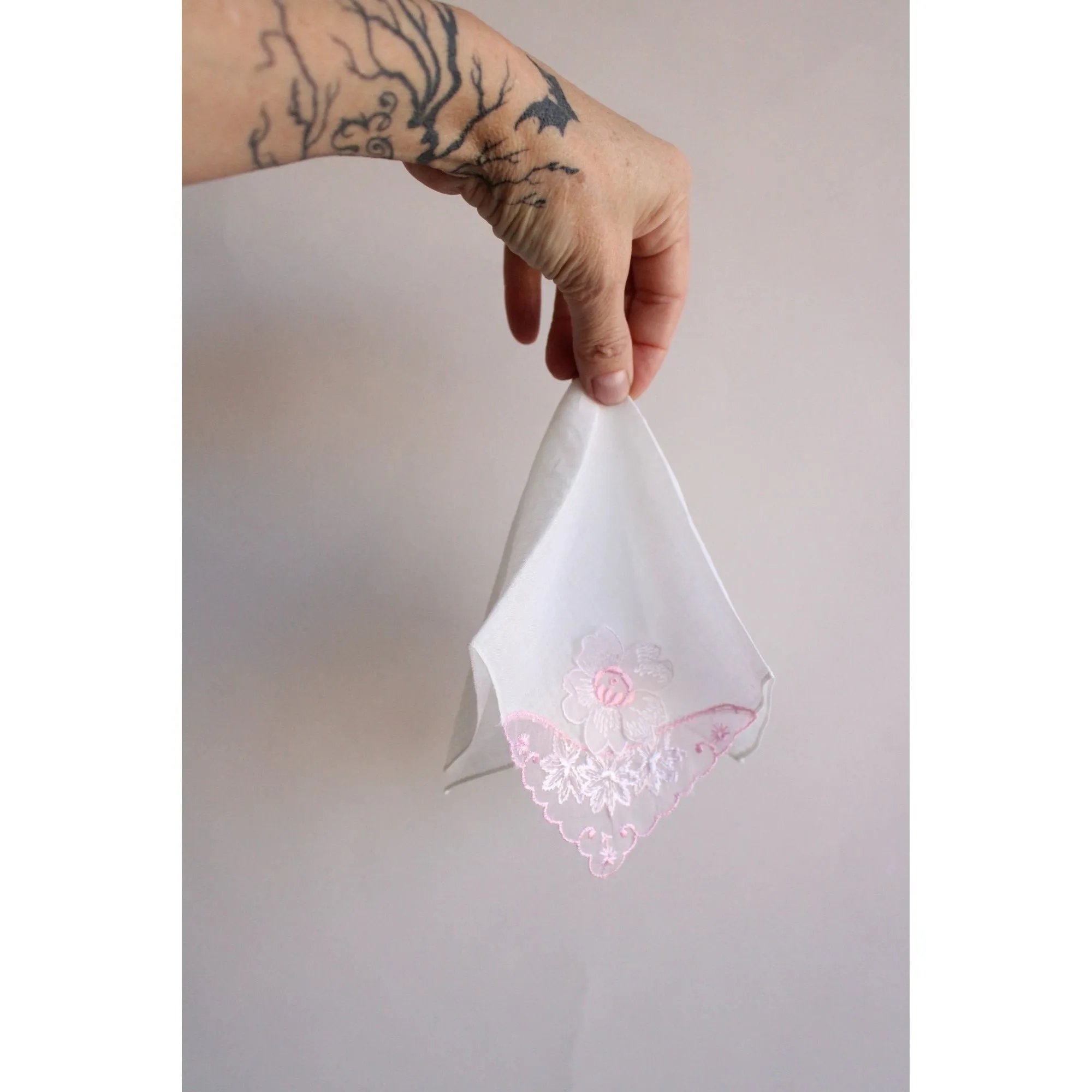 Vintage Pink Flower  White Linen Handkerchief