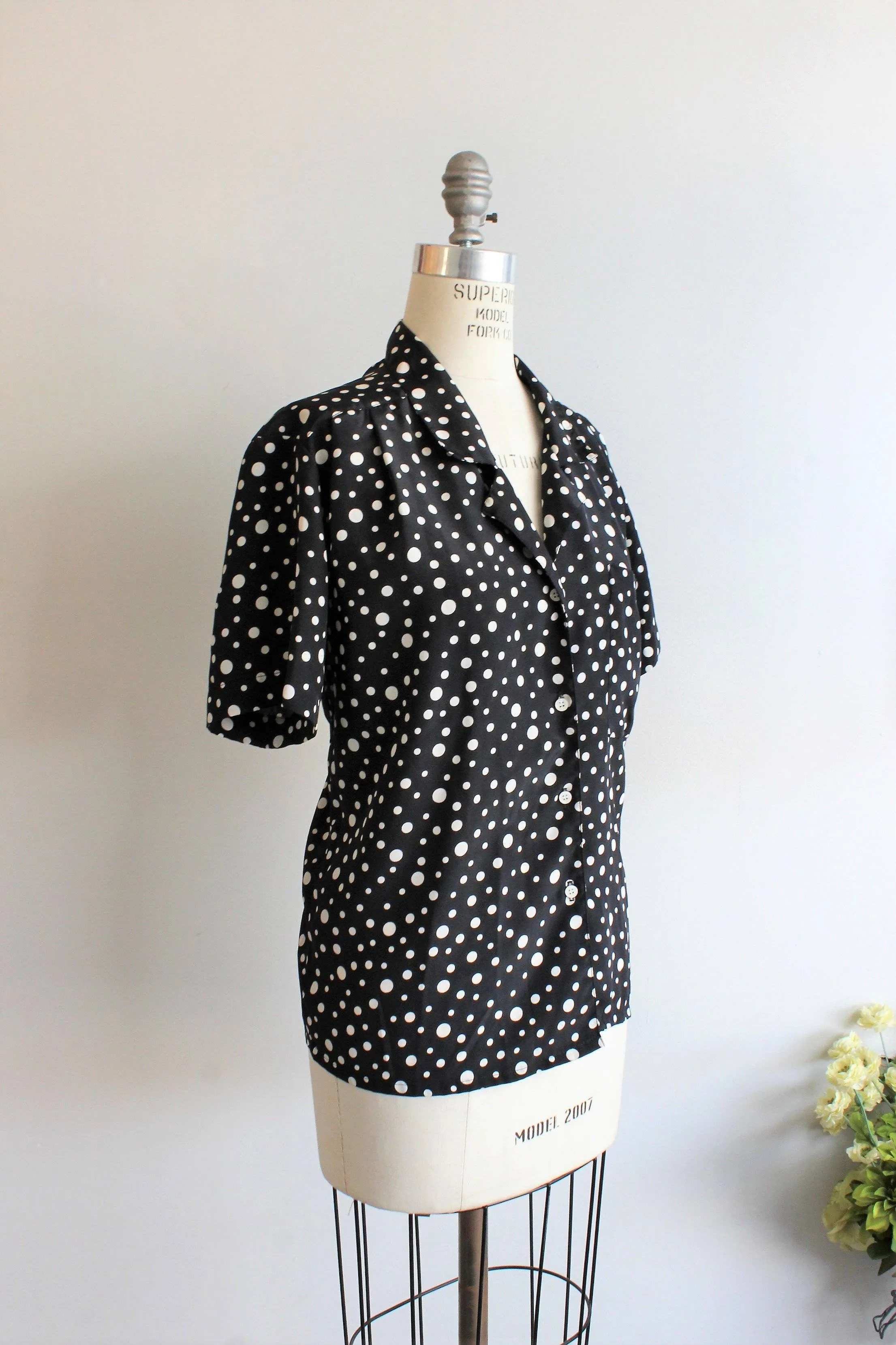 Vintage Polkadot 70s Black and White Blouse
