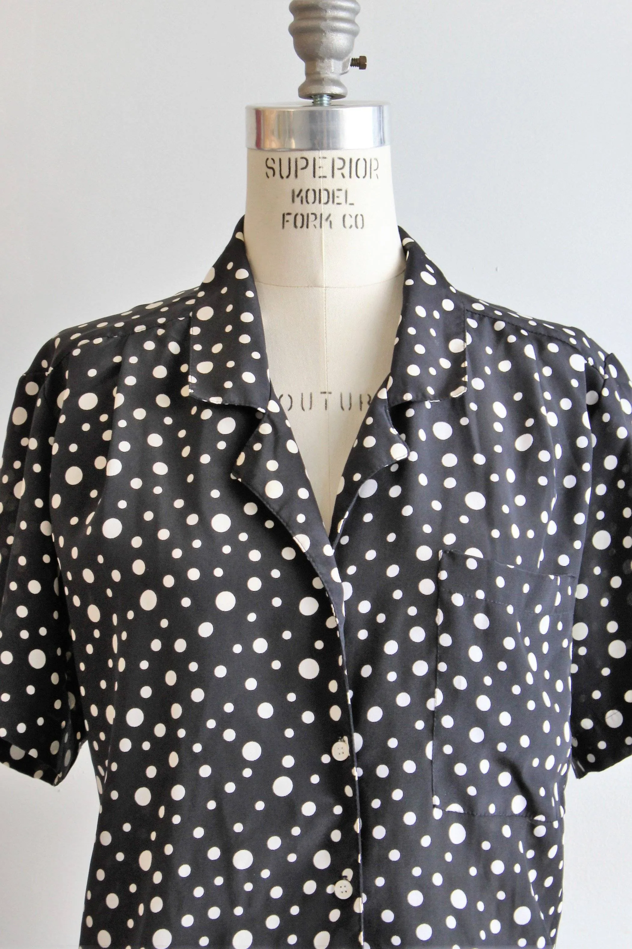 Vintage Polkadot 70s Black and White Blouse
