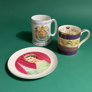 Vintage Queen Elizabeth II Commemorative Ceramic Mugs/Plate, Set of 3