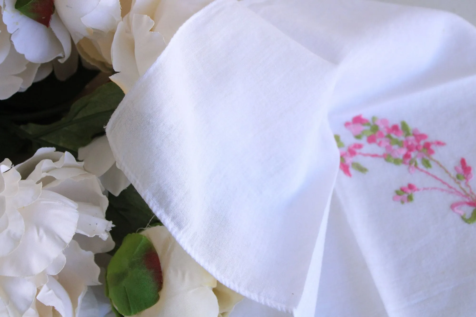 Vintage White Cotton Pink Flower Embroidered Hanky