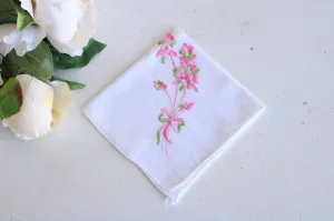 Vintage White Cotton Pink Flower Embroidered Hanky