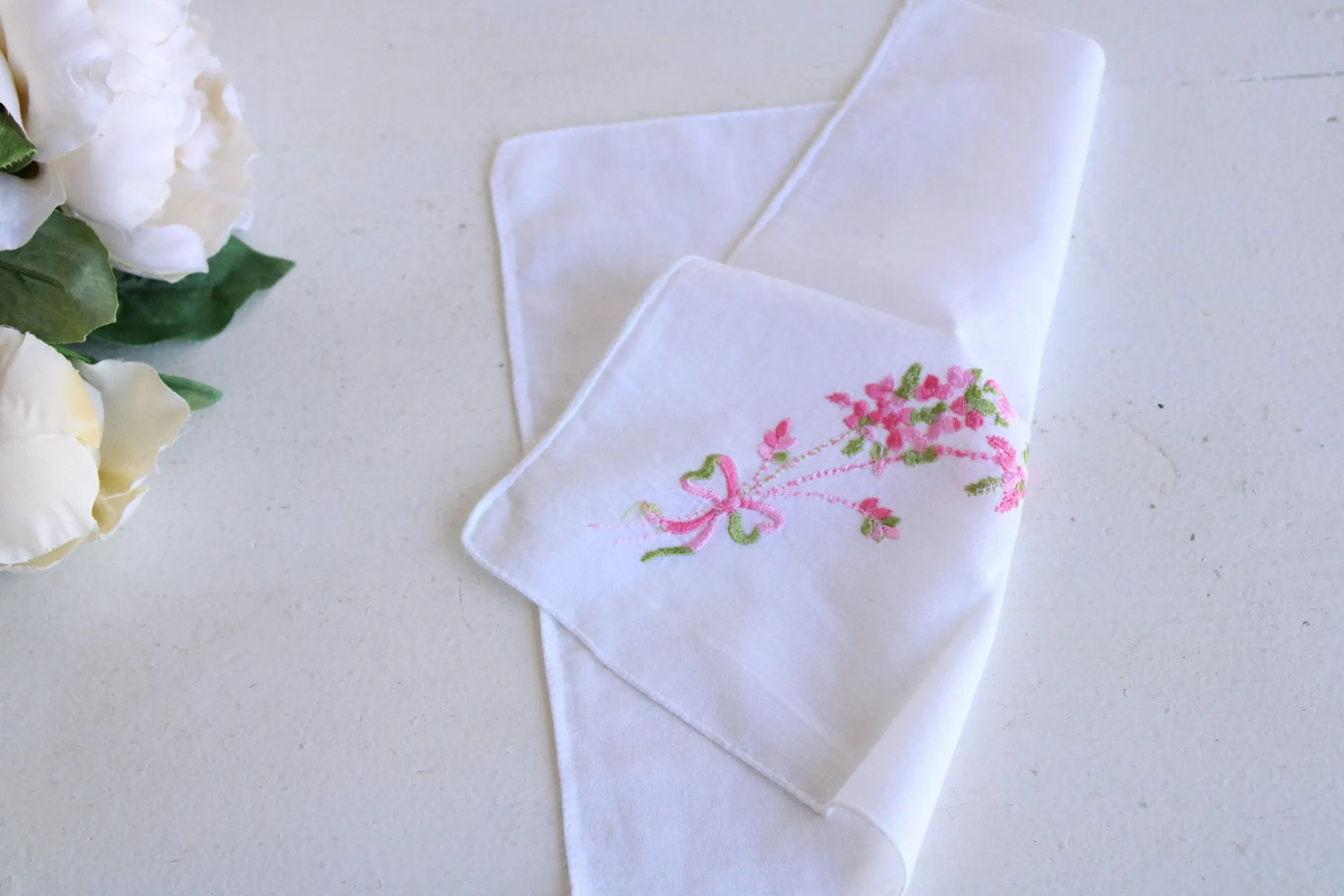 Vintage White Cotton Pink Flower Embroidered Hanky