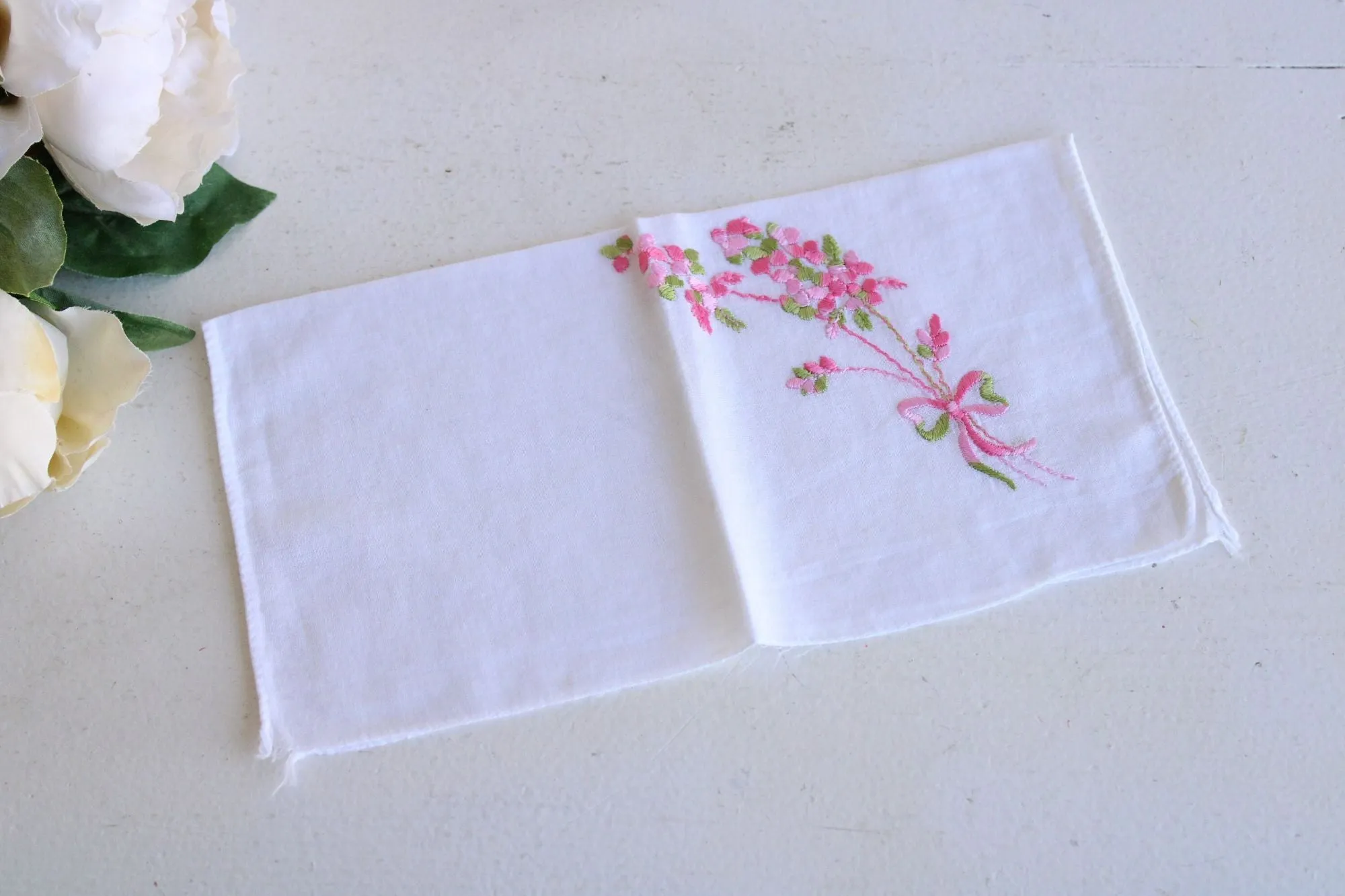 Vintage White Cotton Pink Flower Embroidered Hanky
