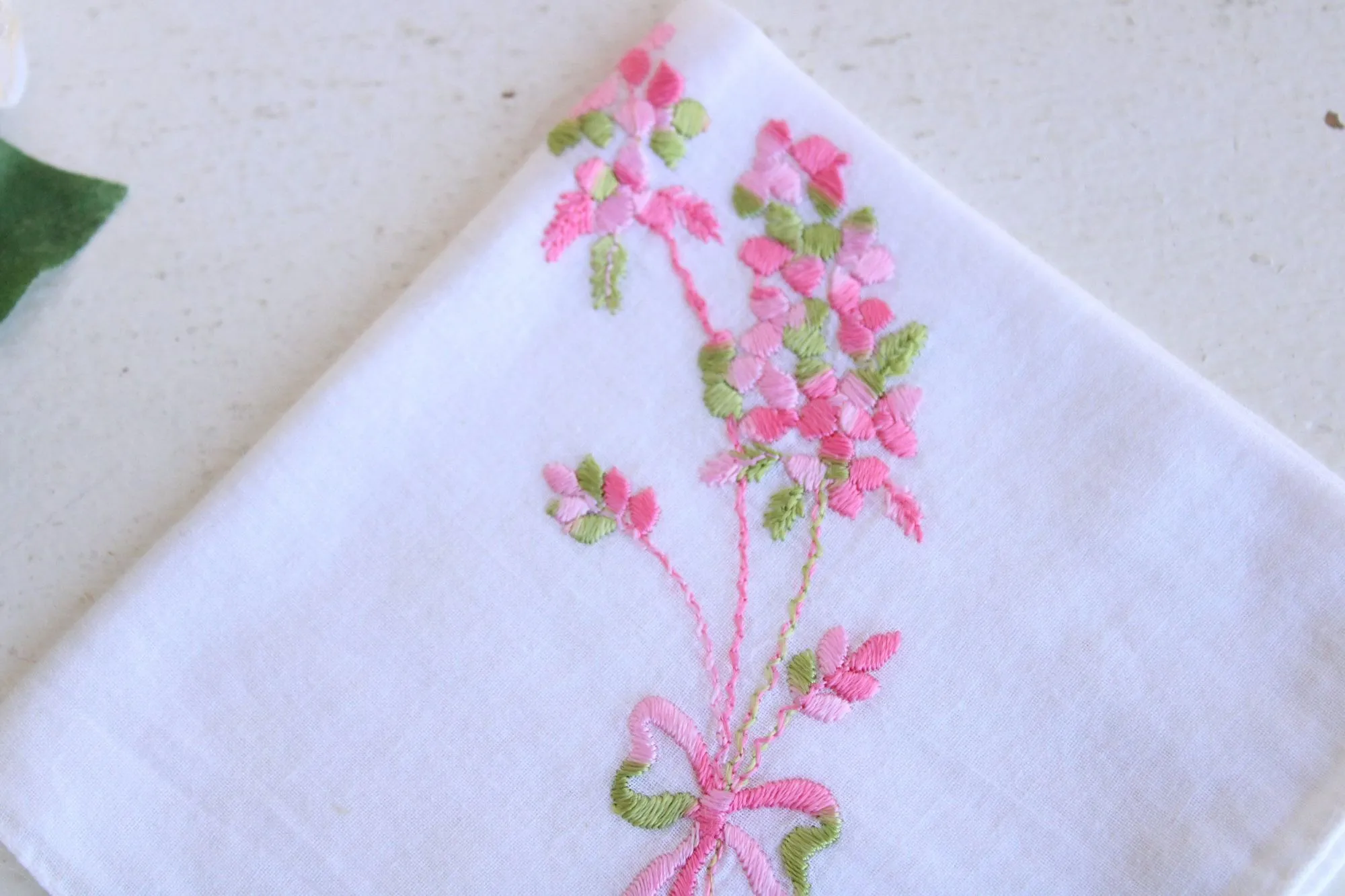 Vintage White Cotton Pink Flower Embroidered Hanky