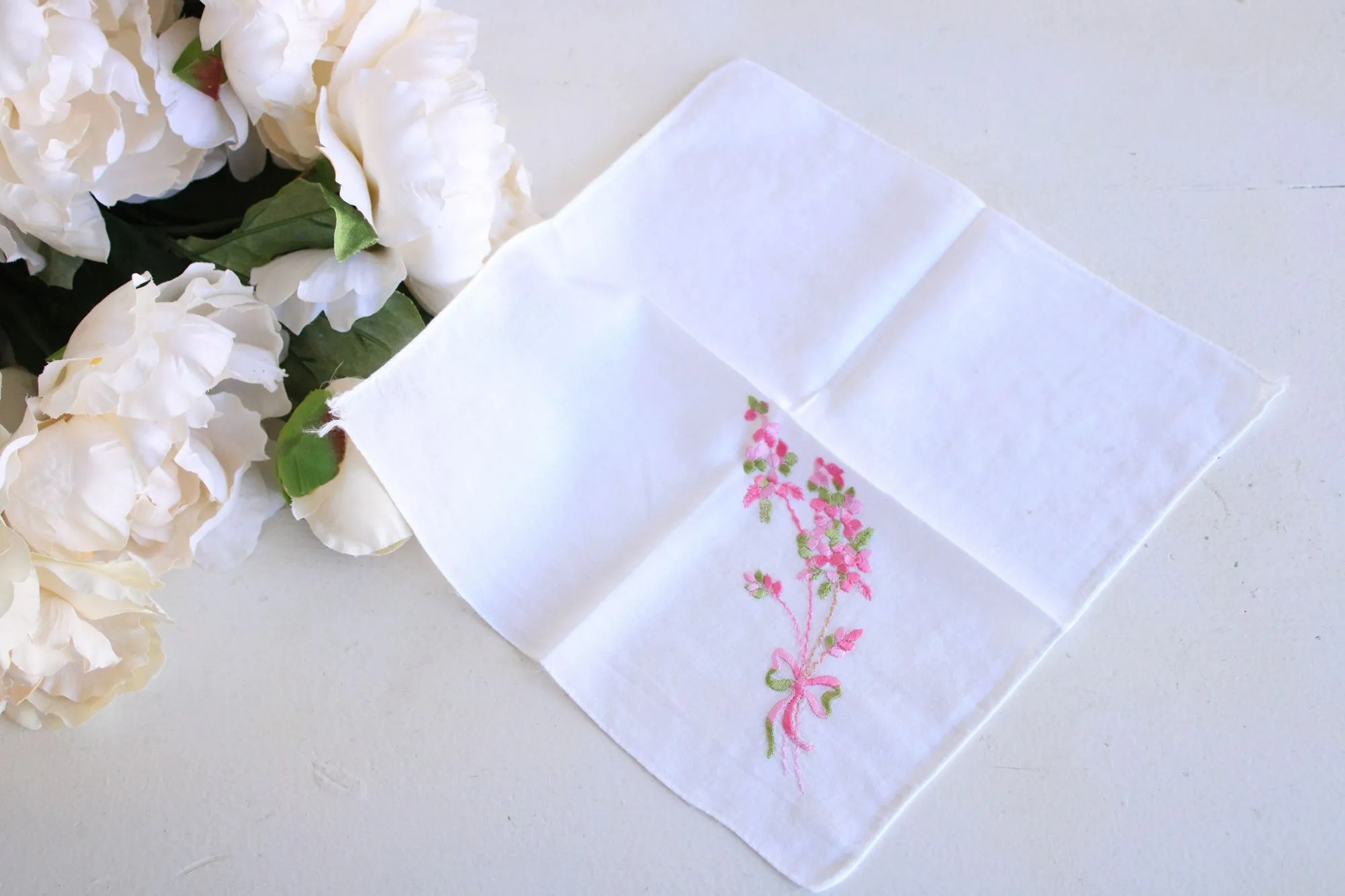 Vintage White Cotton Pink Flower Embroidered Hanky