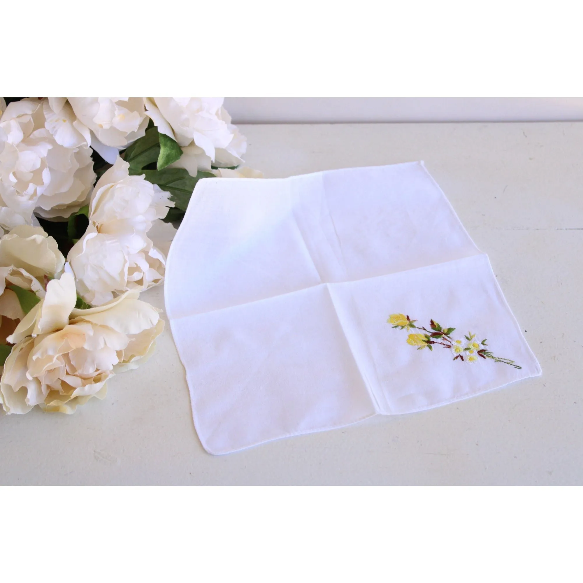 Vintage White Cotton Yellow Rose Embroidered Hanky