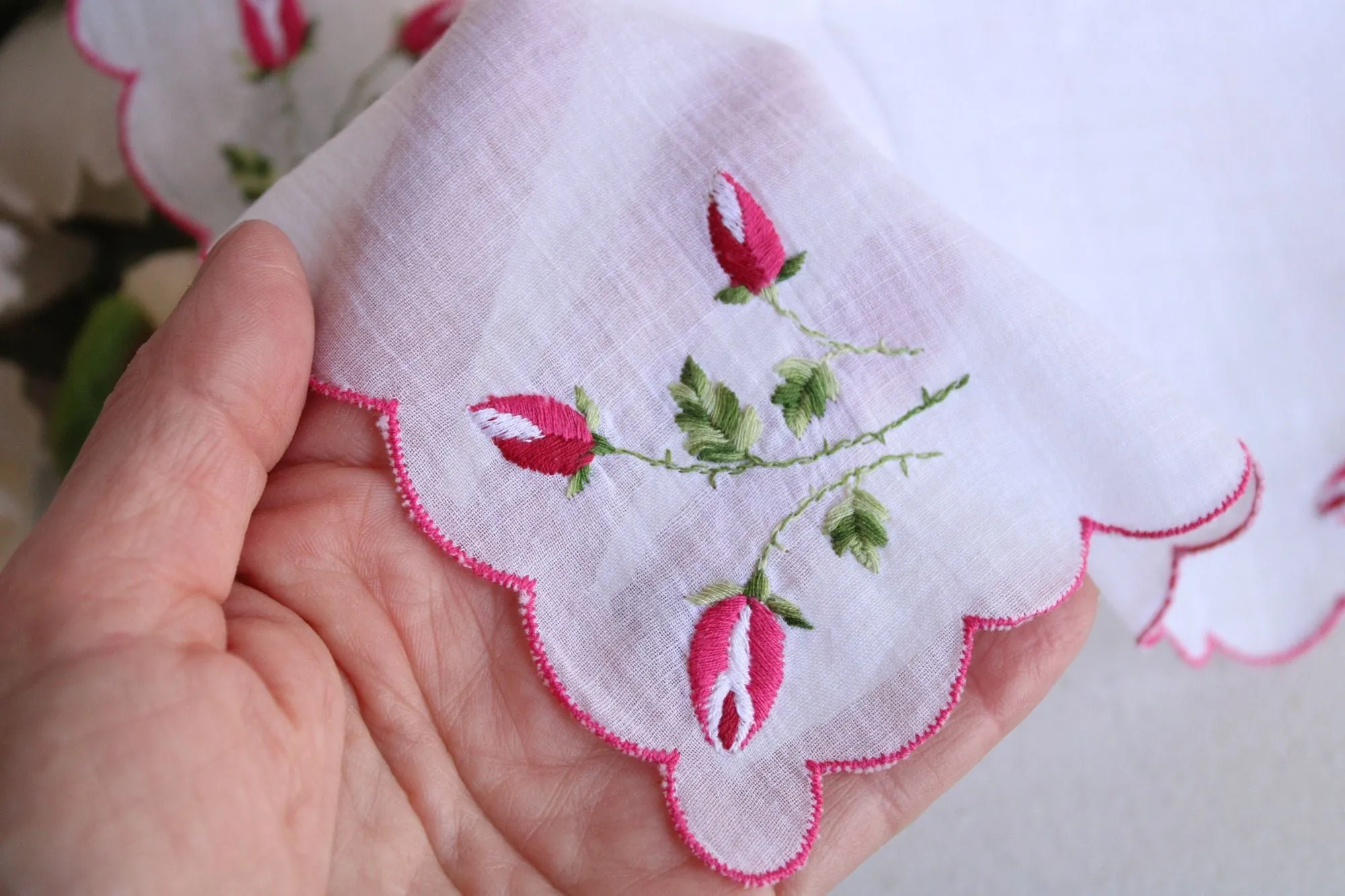 Vintage White Linen with Pink Rose Embroidered Hanky