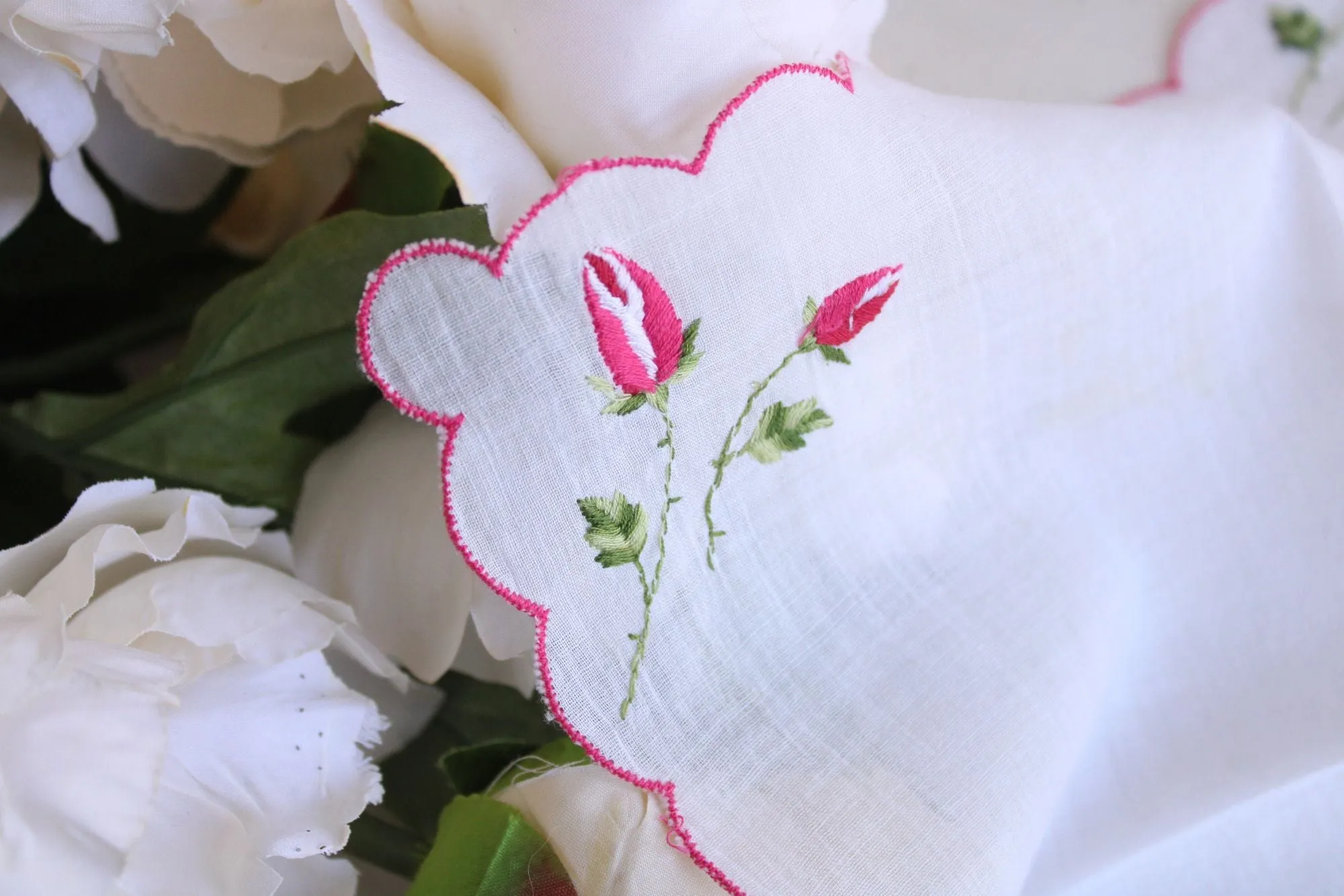 Vintage White Linen with Pink Rose Embroidered Hanky