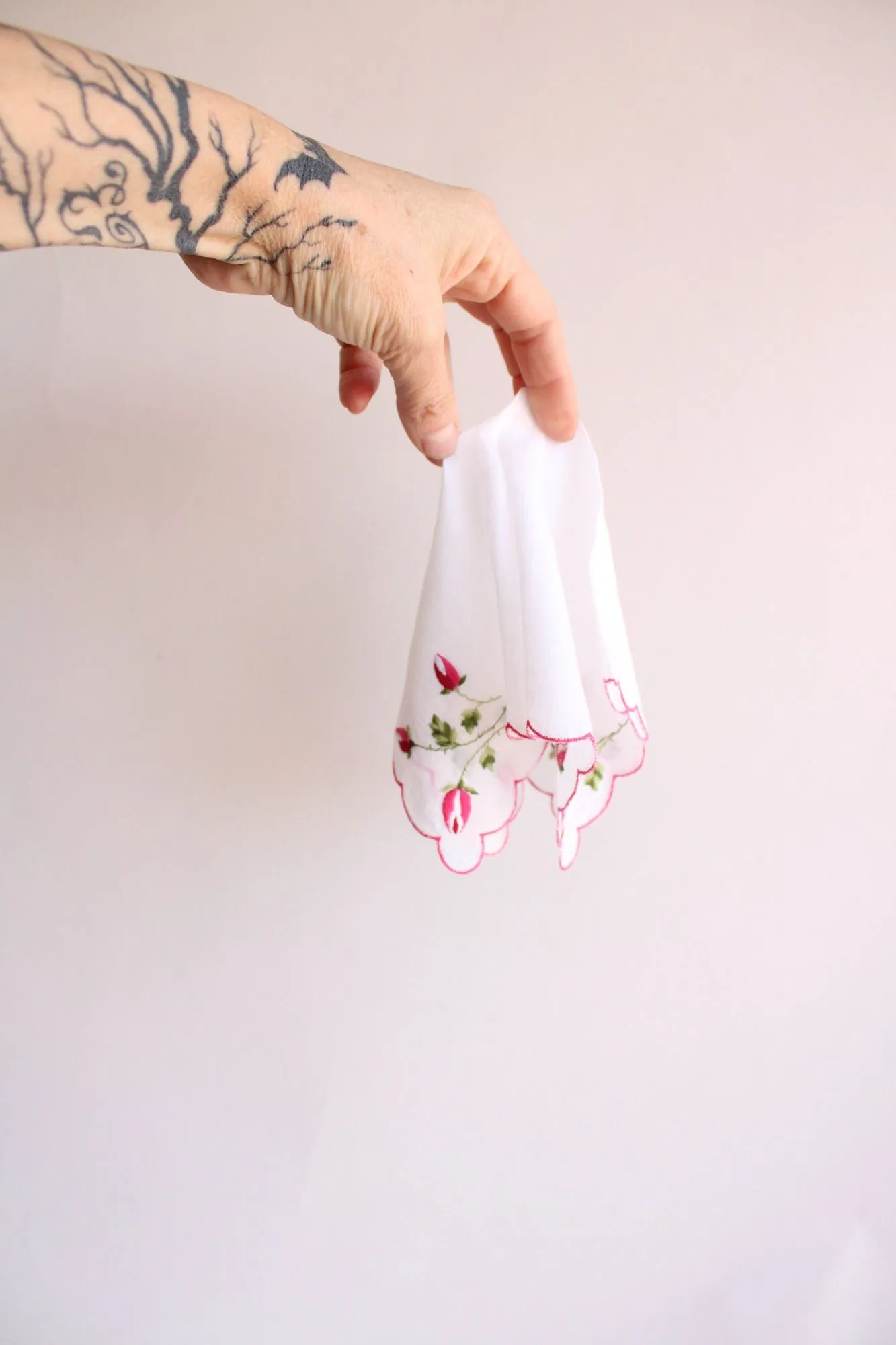 Vintage White Linen with Pink Rose Embroidered Hanky