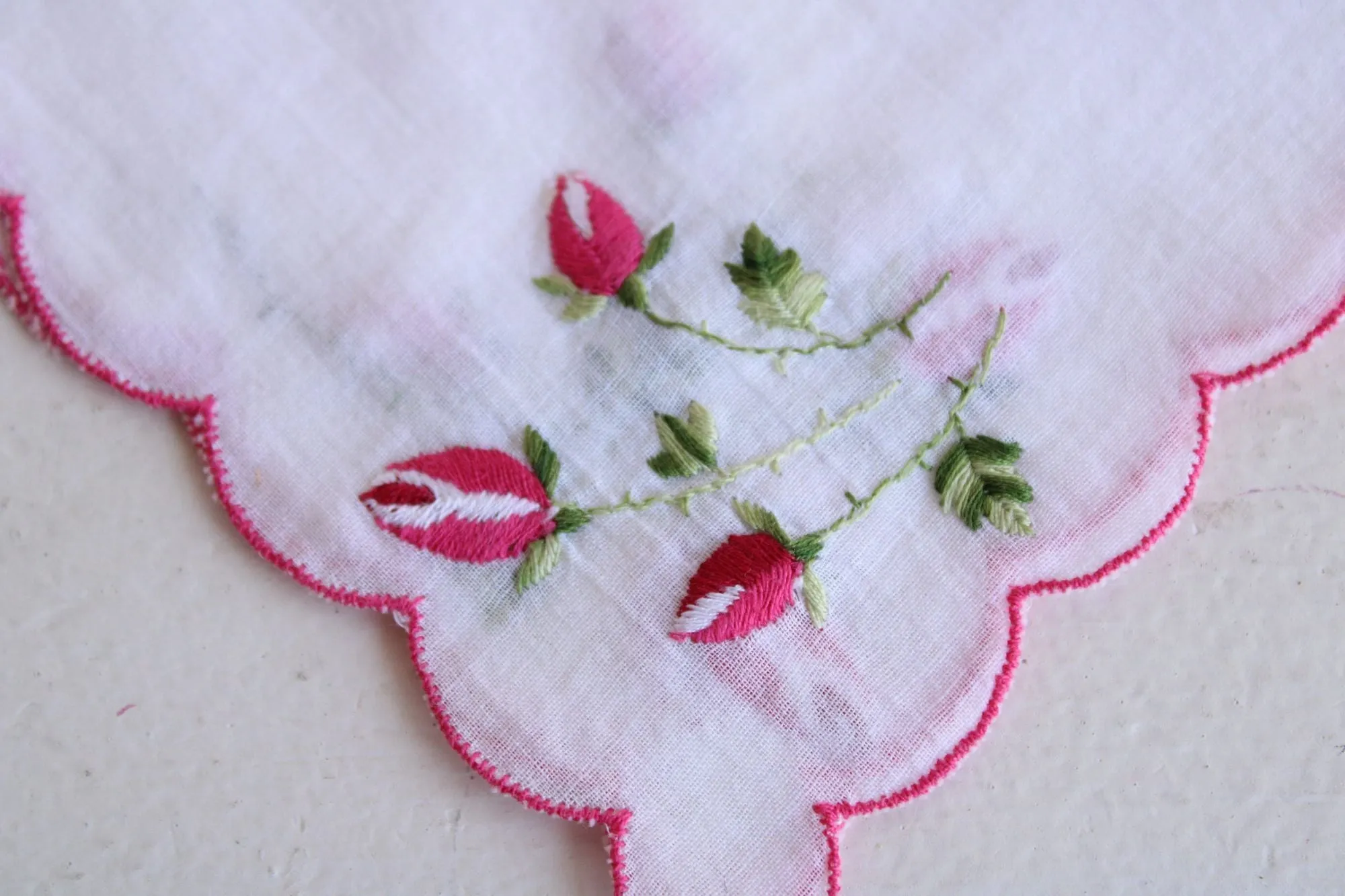 Vintage White Linen with Pink Rose Embroidered Hanky