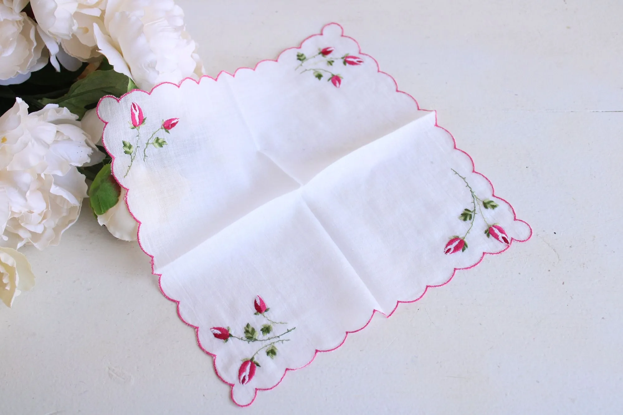 Vintage White Linen with Pink Rose Embroidered Hanky