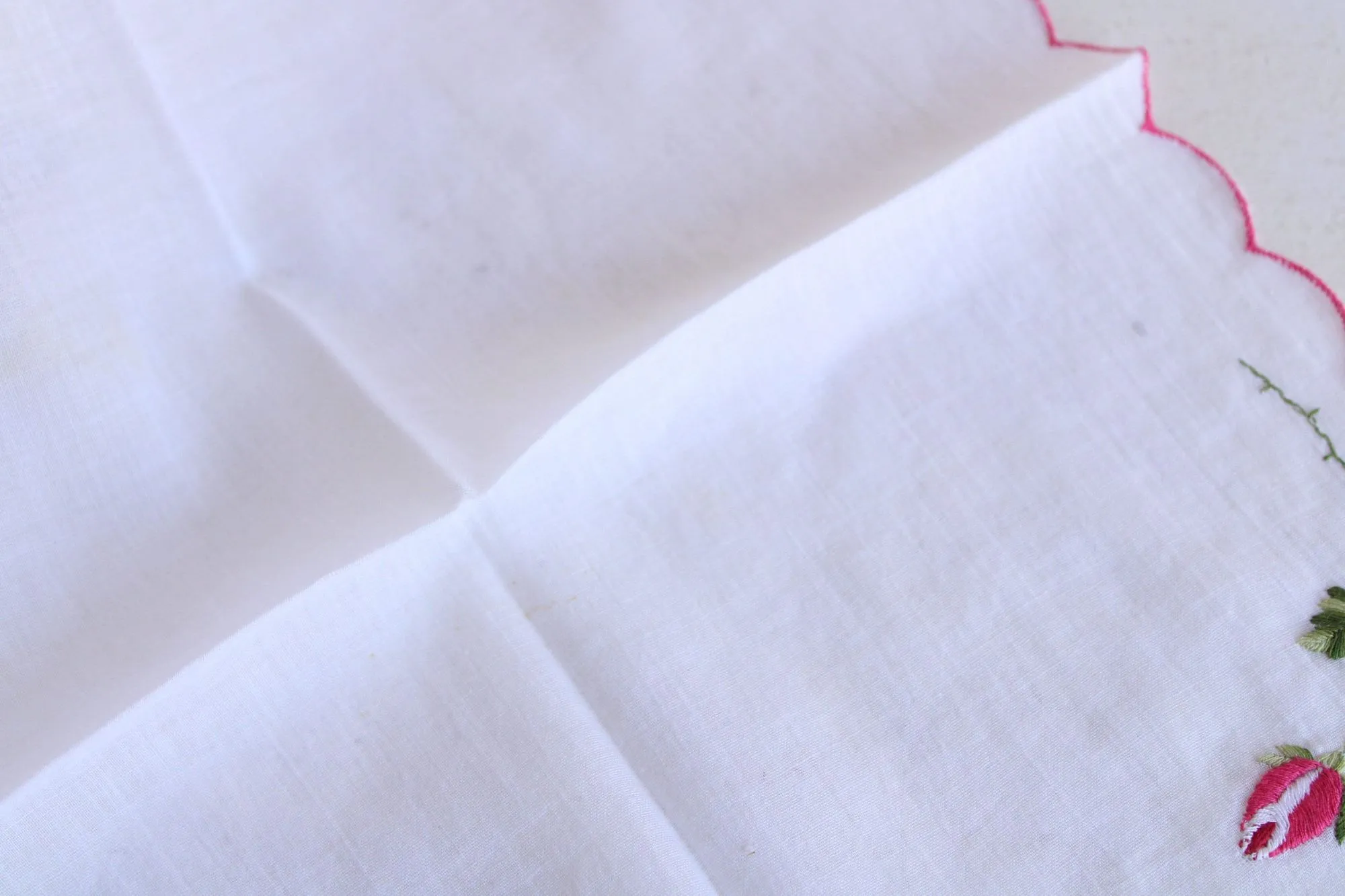 Vintage White Linen with Pink Rose Embroidered Hanky