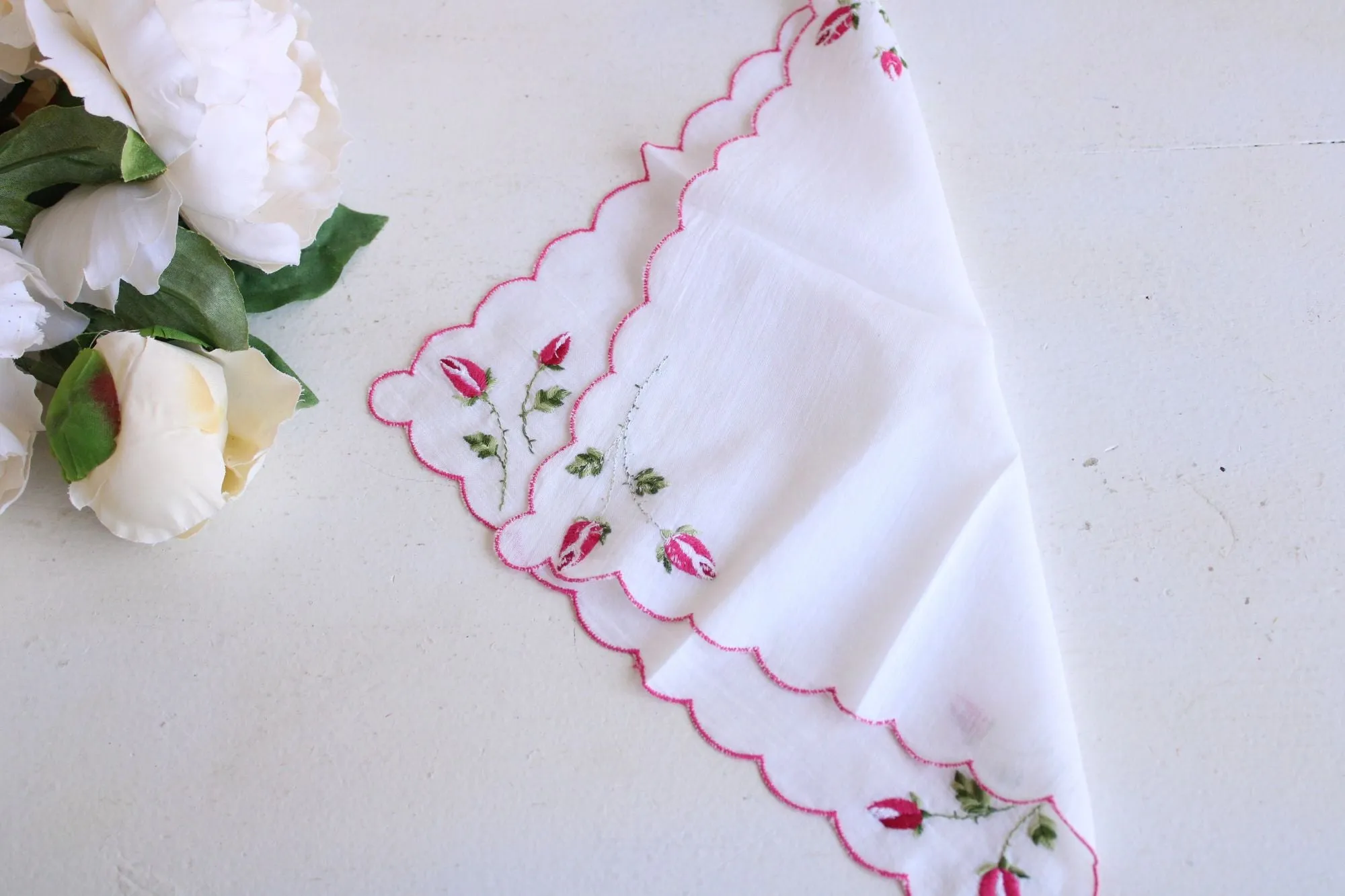Vintage White Linen with Pink Rose Embroidered Hanky