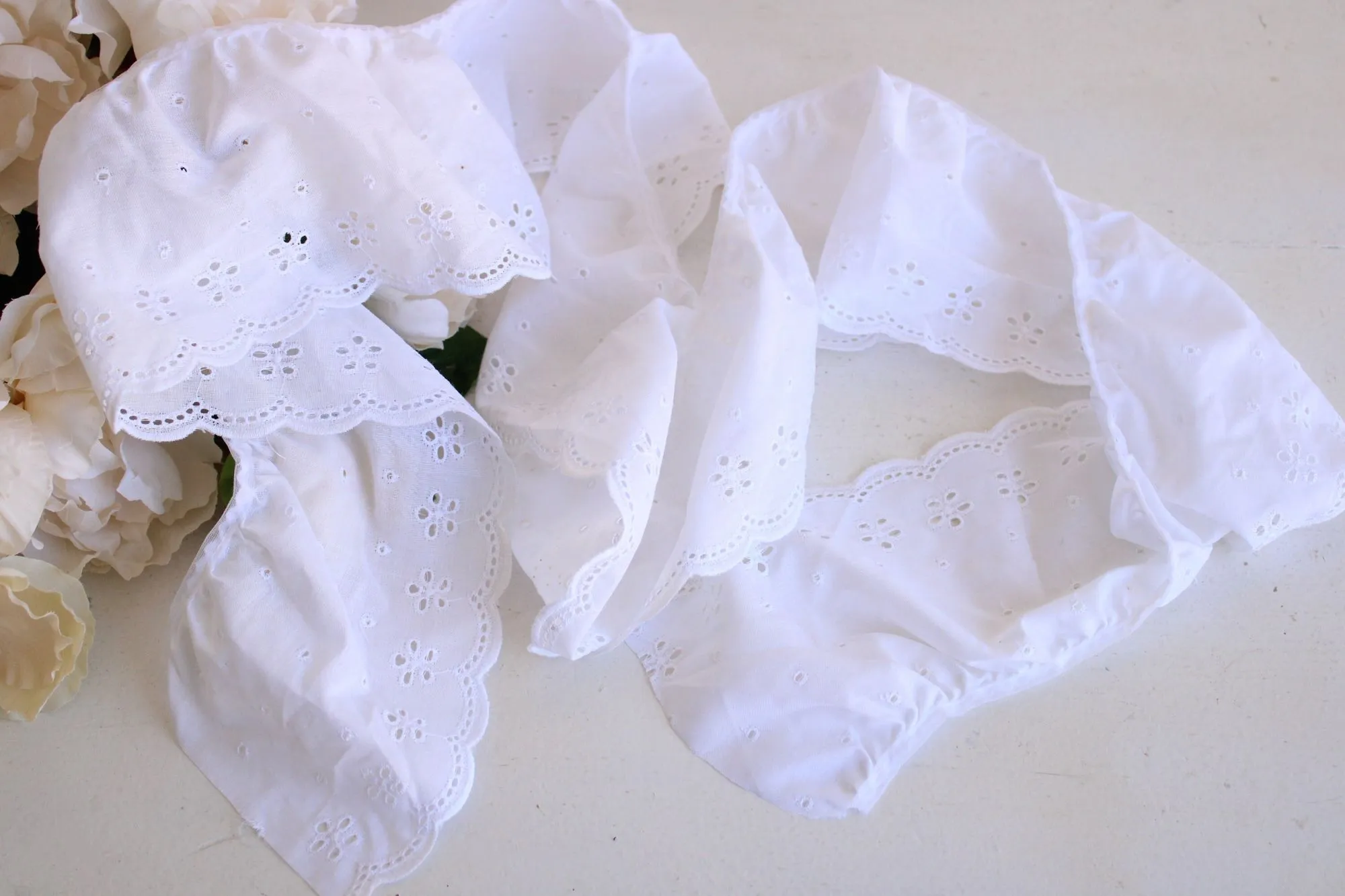 Vintage White Trim, Eyelet Ruffled Lace, 1 Yard plus 19 Inches,  4.75" wide