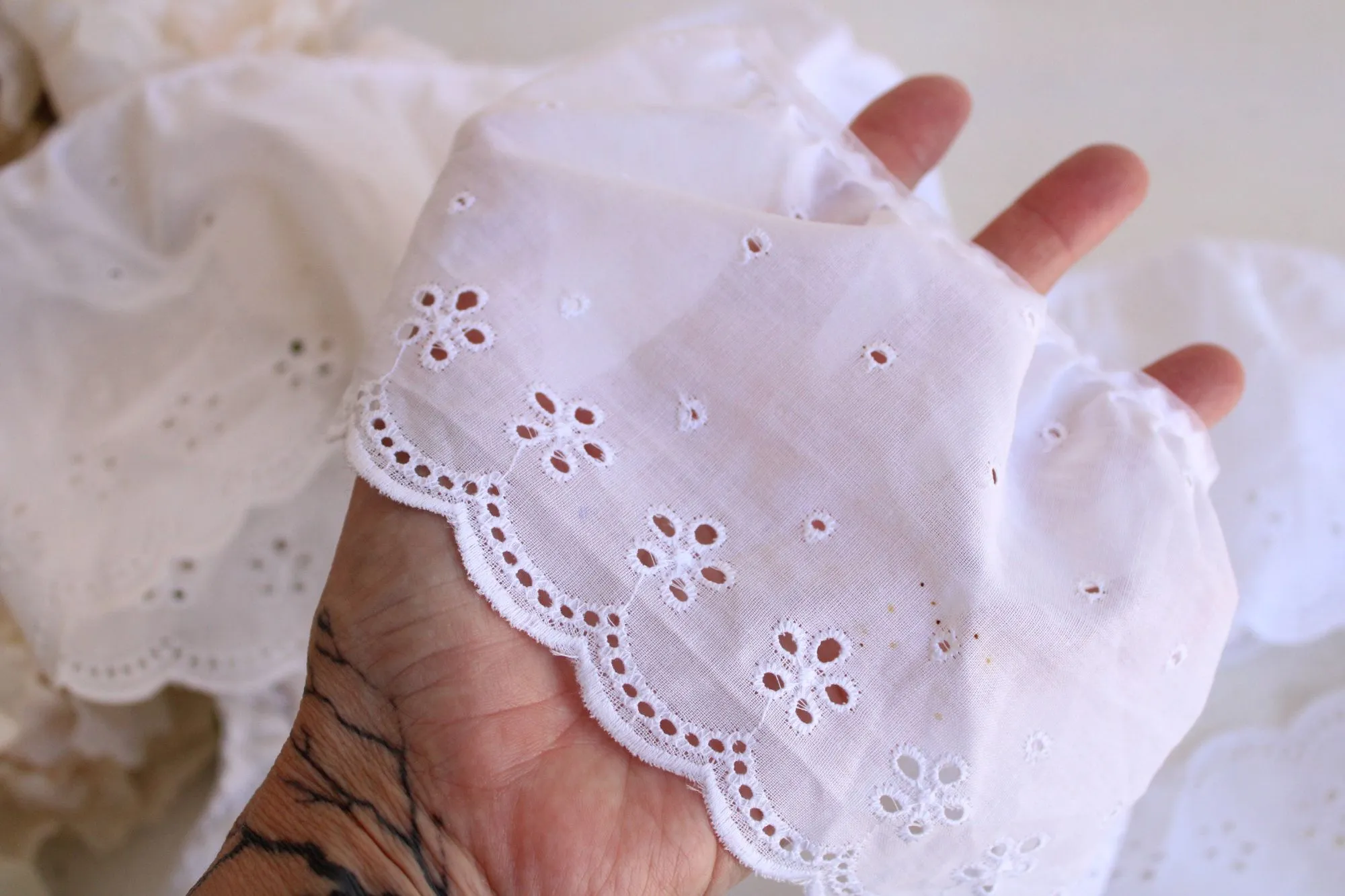 Vintage White Trim, Eyelet Ruffled Lace, 1 Yard plus 19 Inches,  4.75" wide