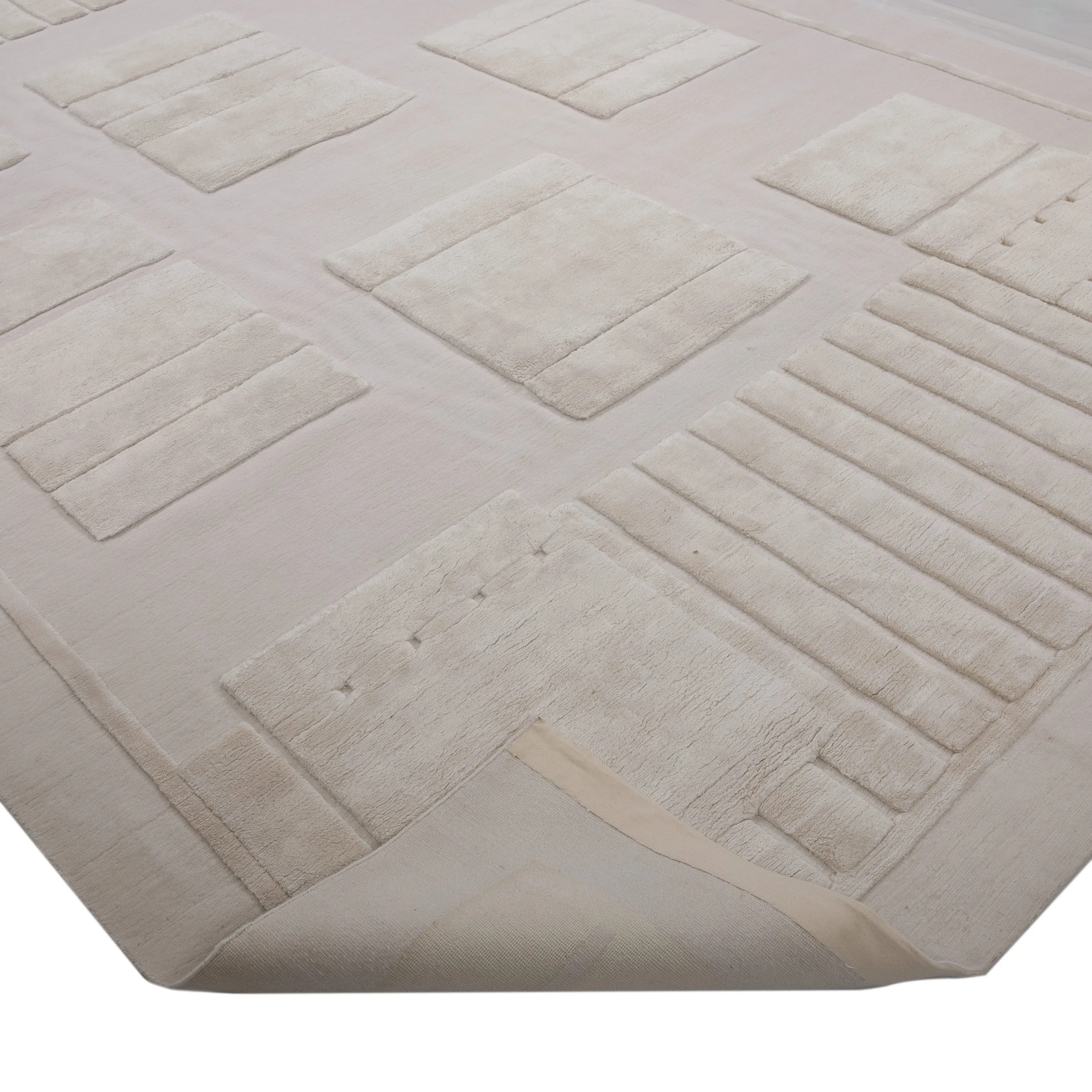 White Modern Tibetan Wool Silk Blend Rug - 9' x 12'