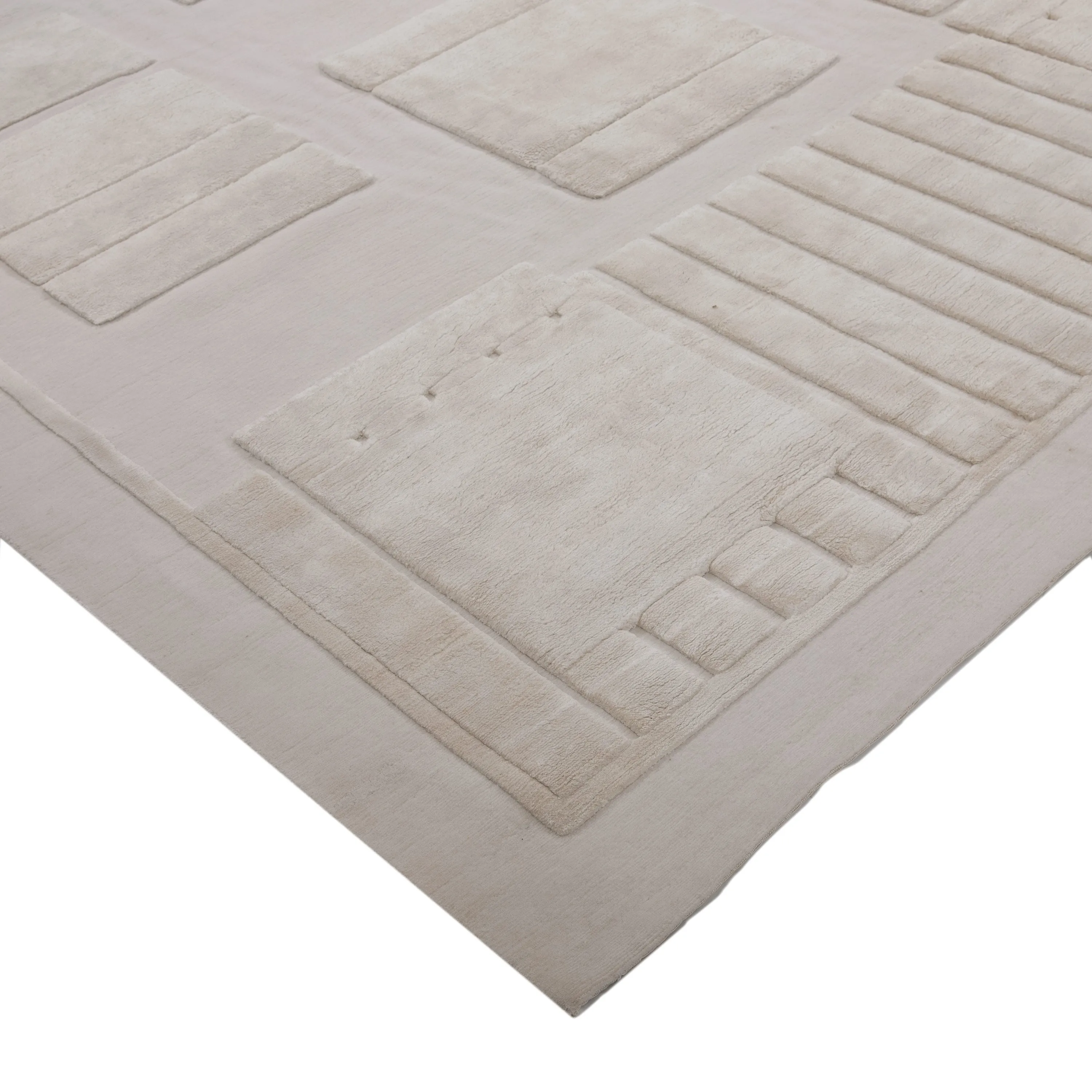 White Modern Tibetan Wool Silk Blend Rug - 9' x 12'