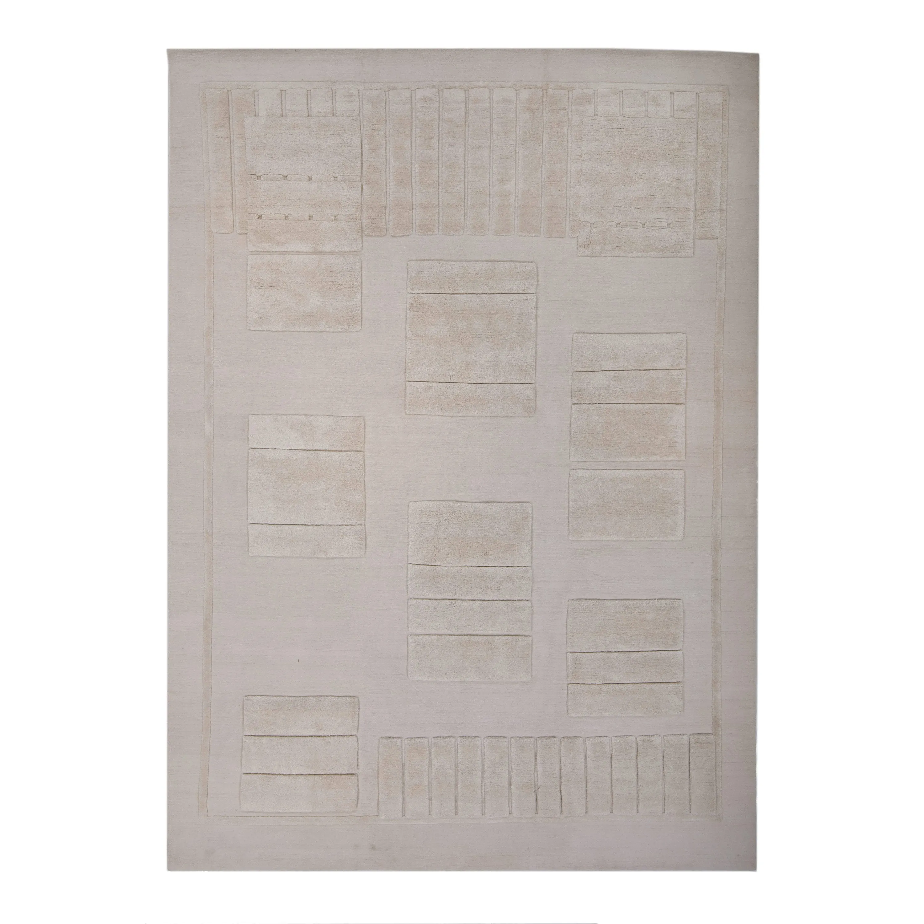 White Modern Tibetan Wool Silk Blend Rug - 9' x 12'