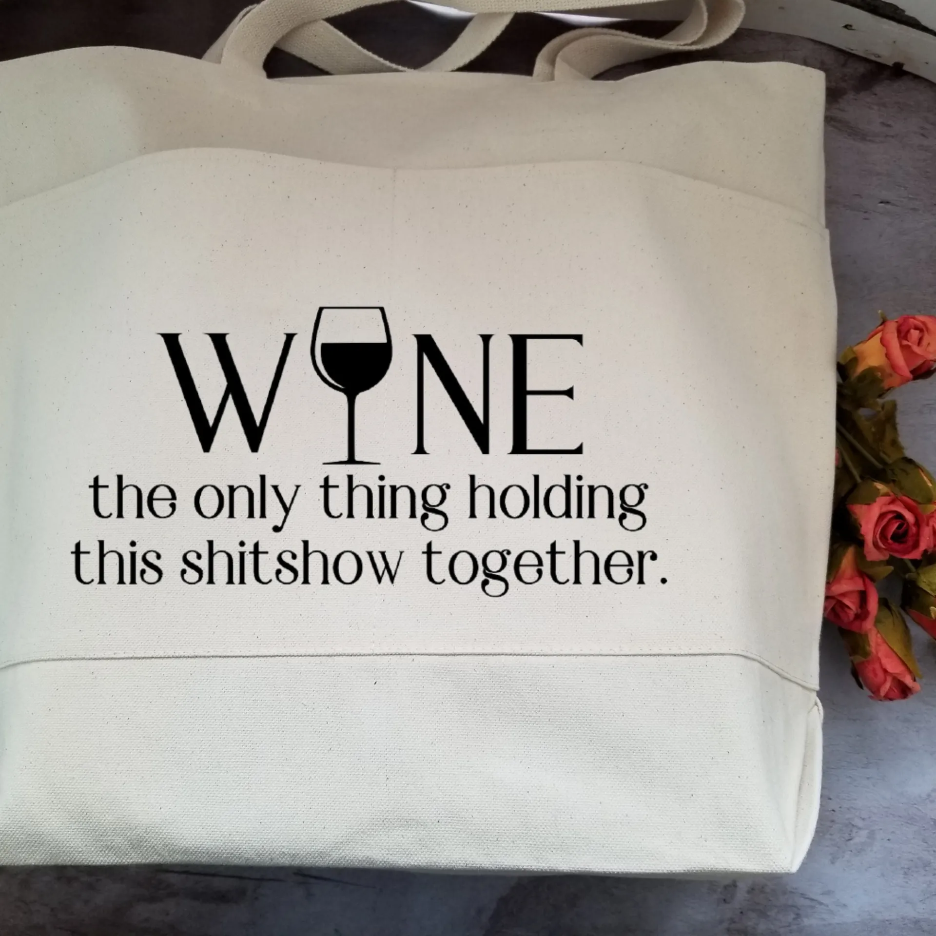 Wine Lovers Heavy Cotton Canvas Tote | Large Funny Tote Bag with Pockets | Reusable Bag for Shopping, Beach or Overnight