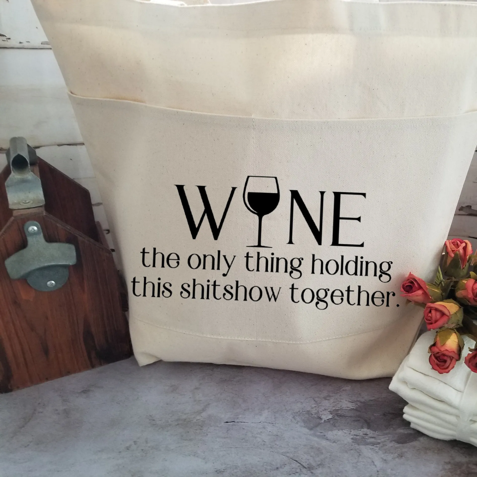 Wine Lovers Heavy Cotton Canvas Tote | Large Funny Tote Bag with Pockets | Reusable Bag for Shopping, Beach or Overnight